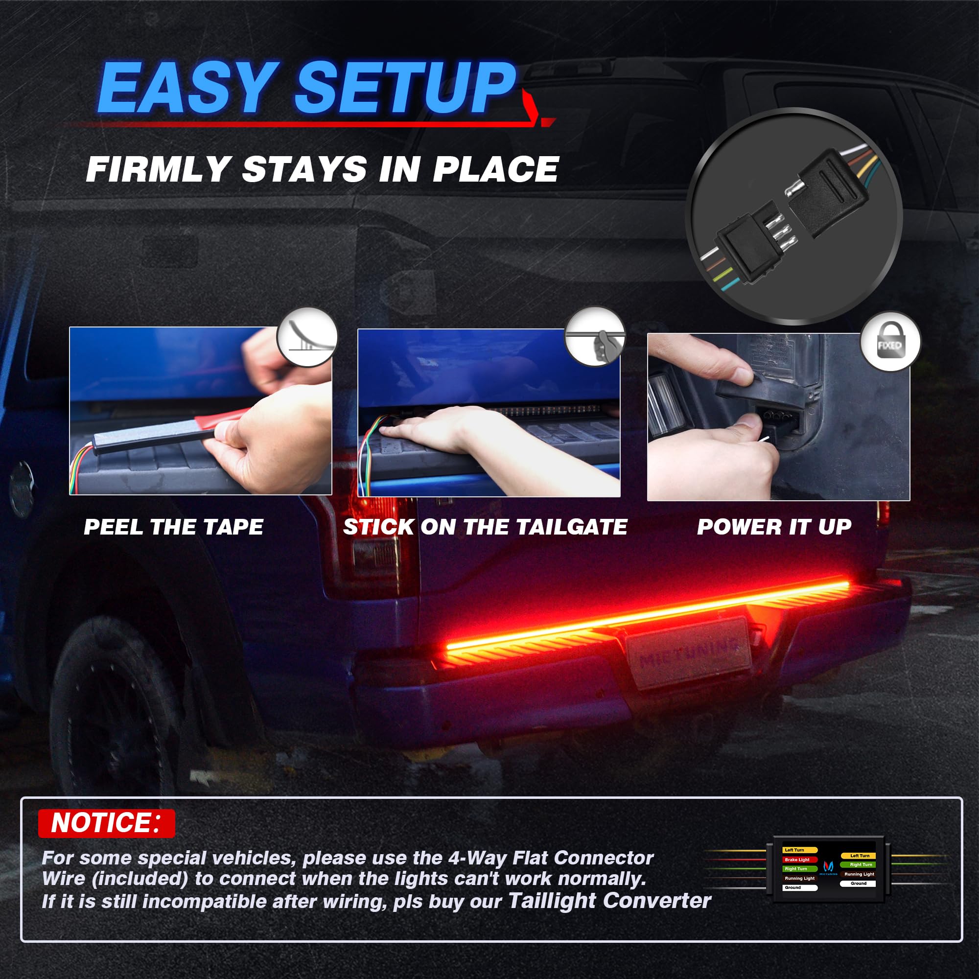 MICTUNING 60" Triple 504 LEDs Tailgate Strip Light, Waterproof, 4-Way Connector, Amber Turn Signal, Red Brake, White Reverse