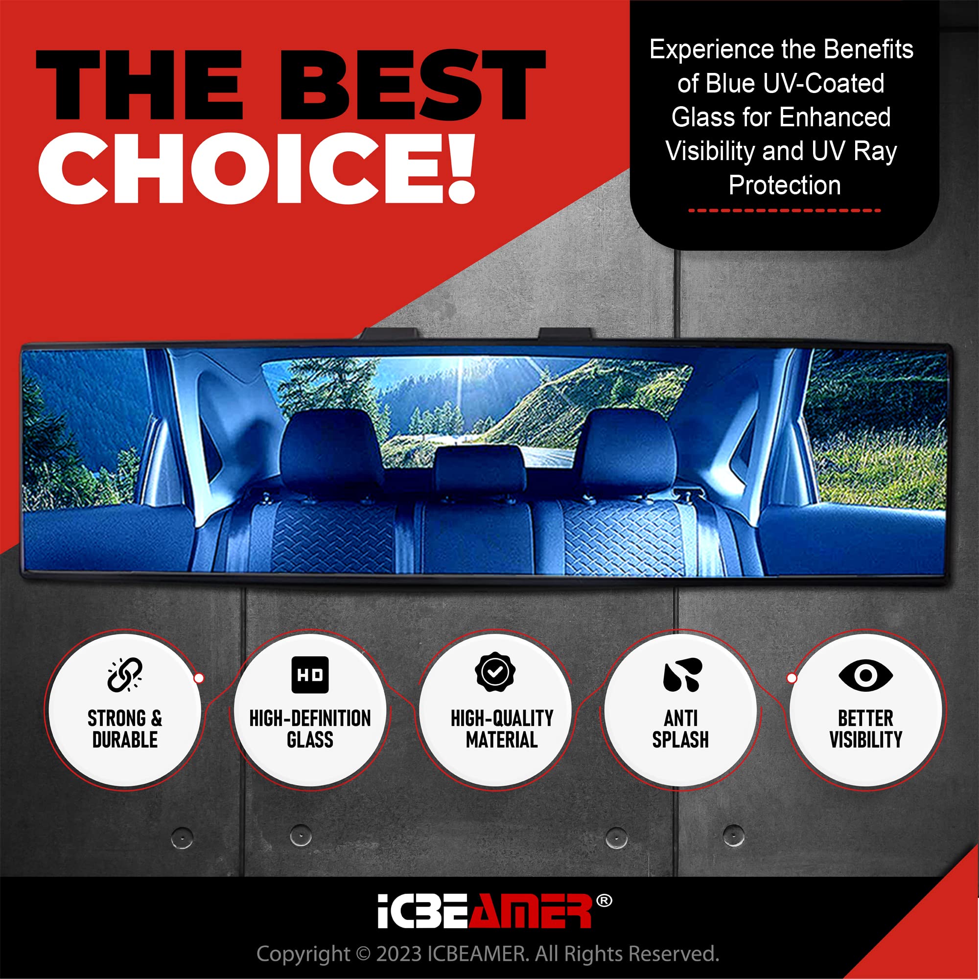 Icbeamer 11.8 Inch Car Rearview Mirror, Panoramic Wide Angle, Hd Blue Tint Glass, Interior Clip On Flat, Anti Glare, Automotive