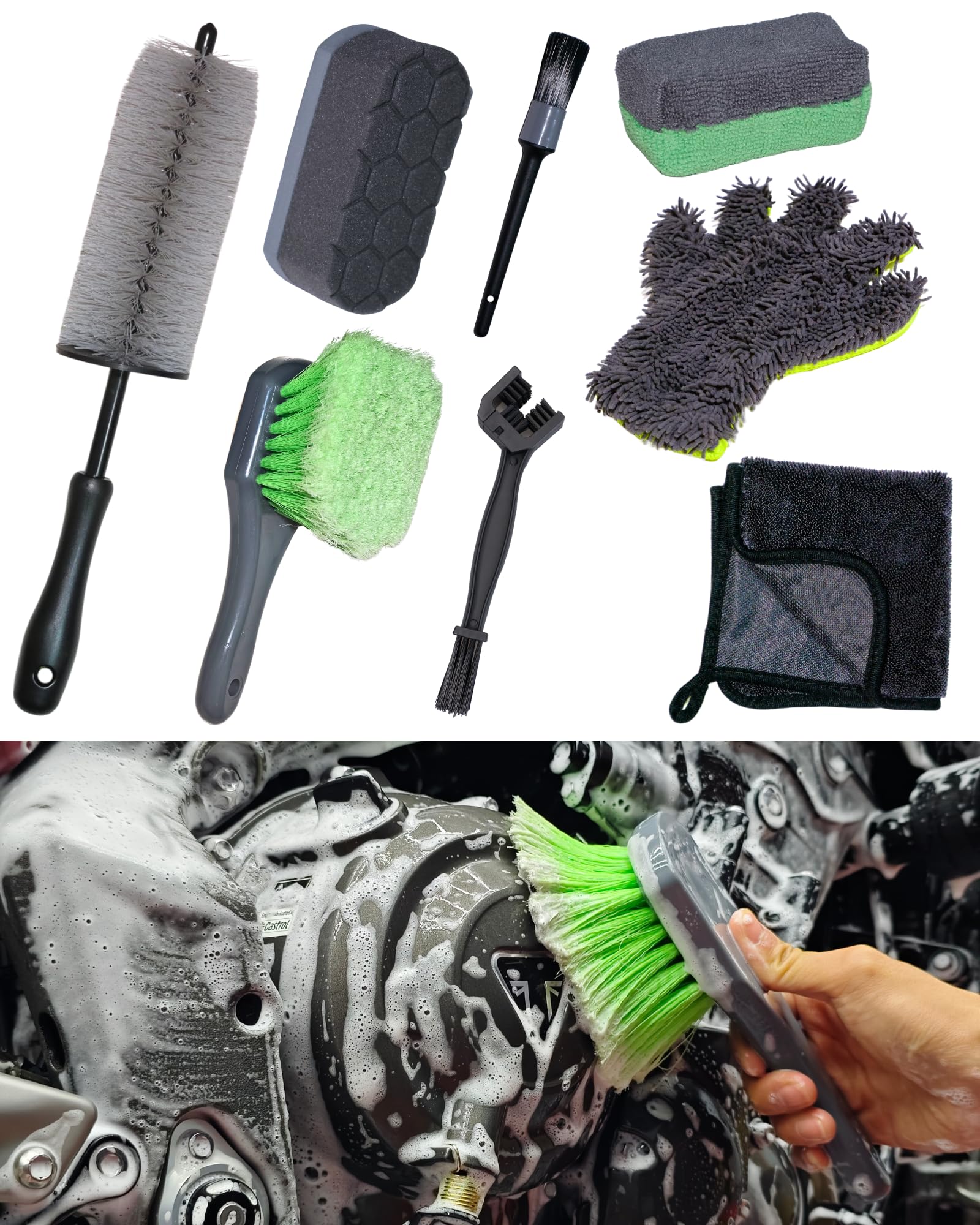Oesee 8 Pack Motorcycle Cleaning Kit - Professional Safe For Chrome/Engine/Tires, Hard Reach Brush, Microfiber Mitt, Detailing T