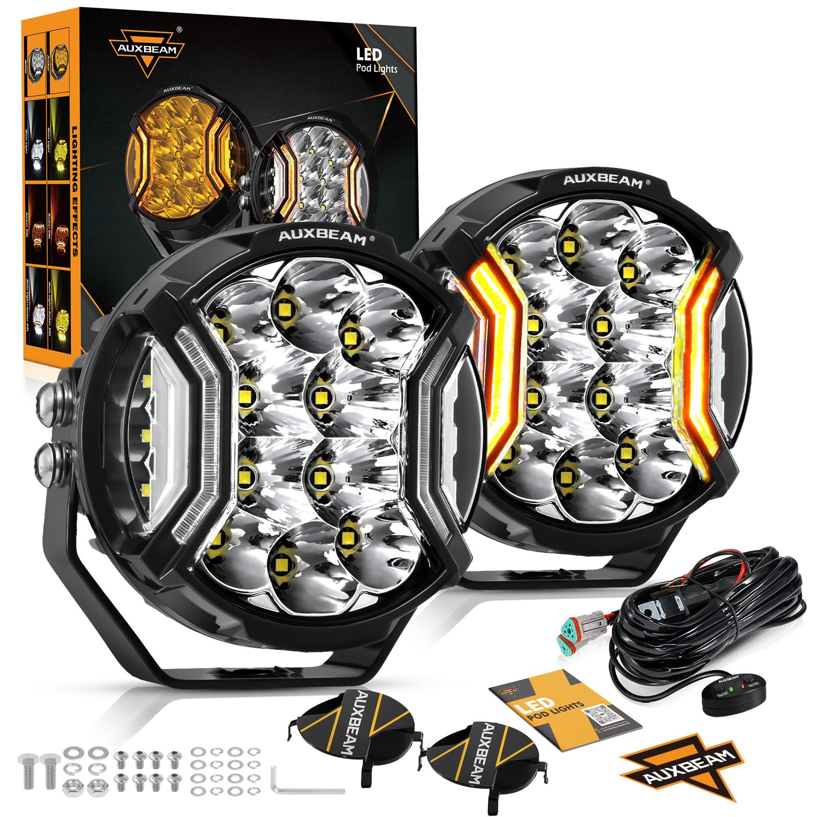 Auxbeam 5In V-Ultra Series 172W Led Light Pods, Offroad Round Driving Light With Amber Drl, 270 Wide Range Super Bright Side Sho