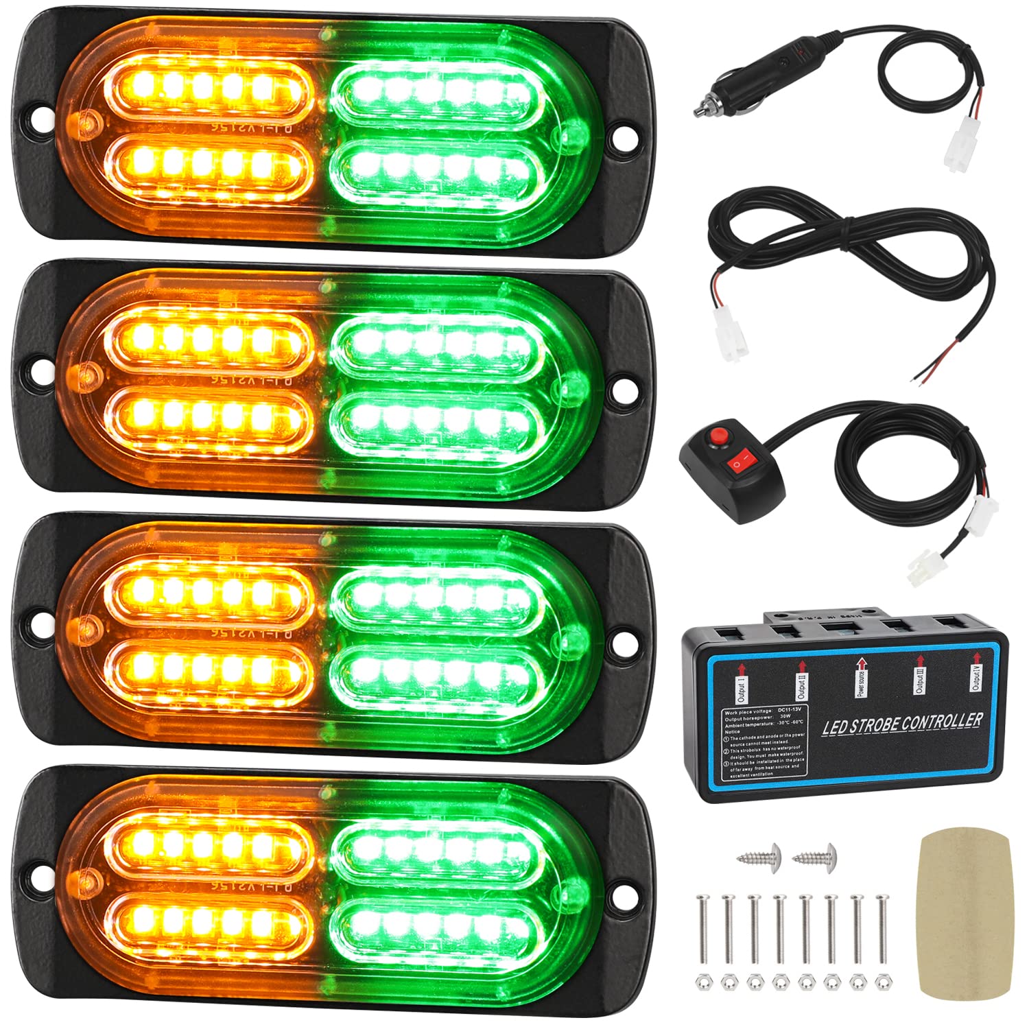 Linkitom 4Pcs Ultra Slim Sync Feature 24-Led Car Truck Surface Mount Emergency Hazard Warning Strobe Light (Amber&Green)