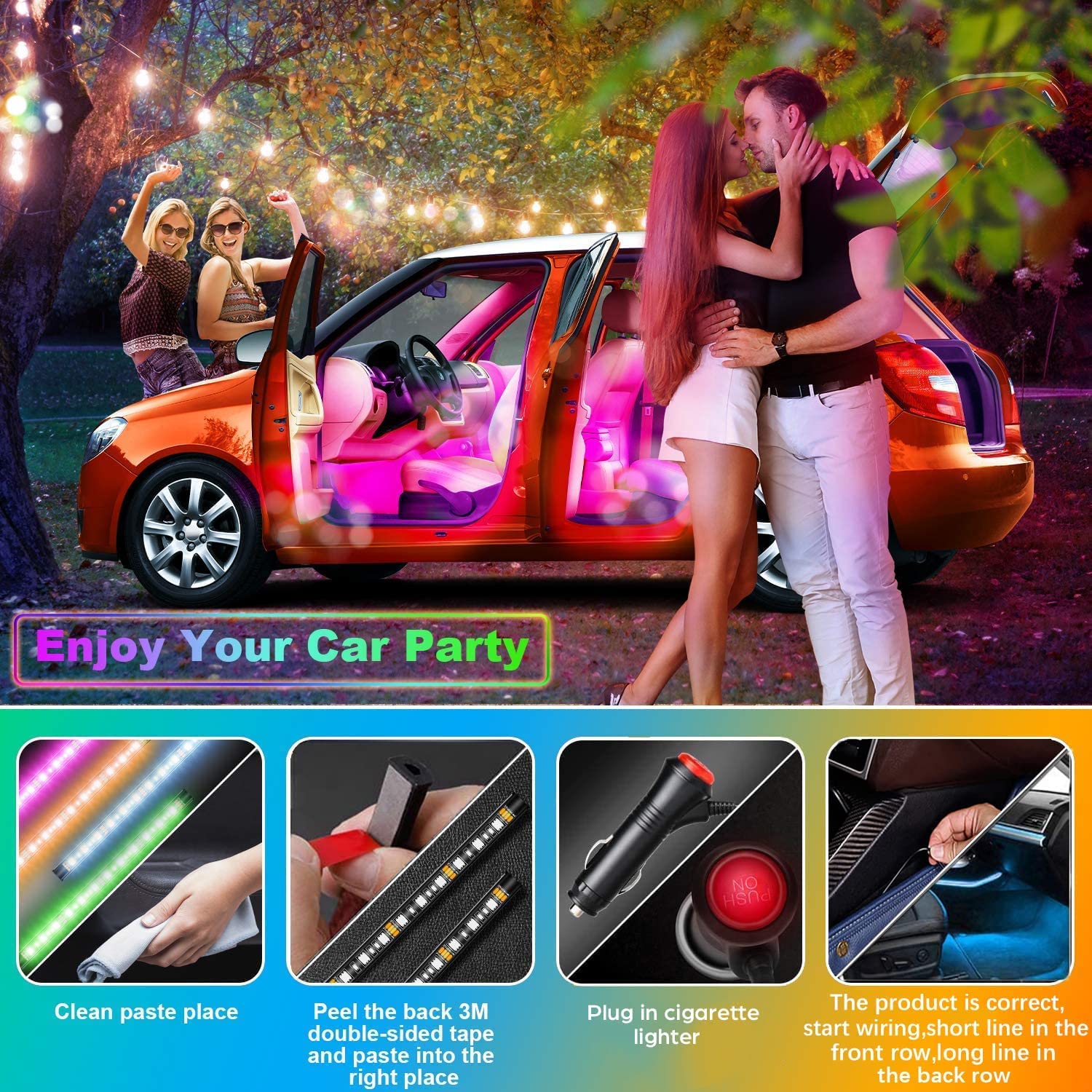Car Led Strip Light, Ej'S Super Car 4Pcs 36 Led Multi-Color Car Interior Lights Under Dash Lighting Waterproof Kit With Multi-Mo