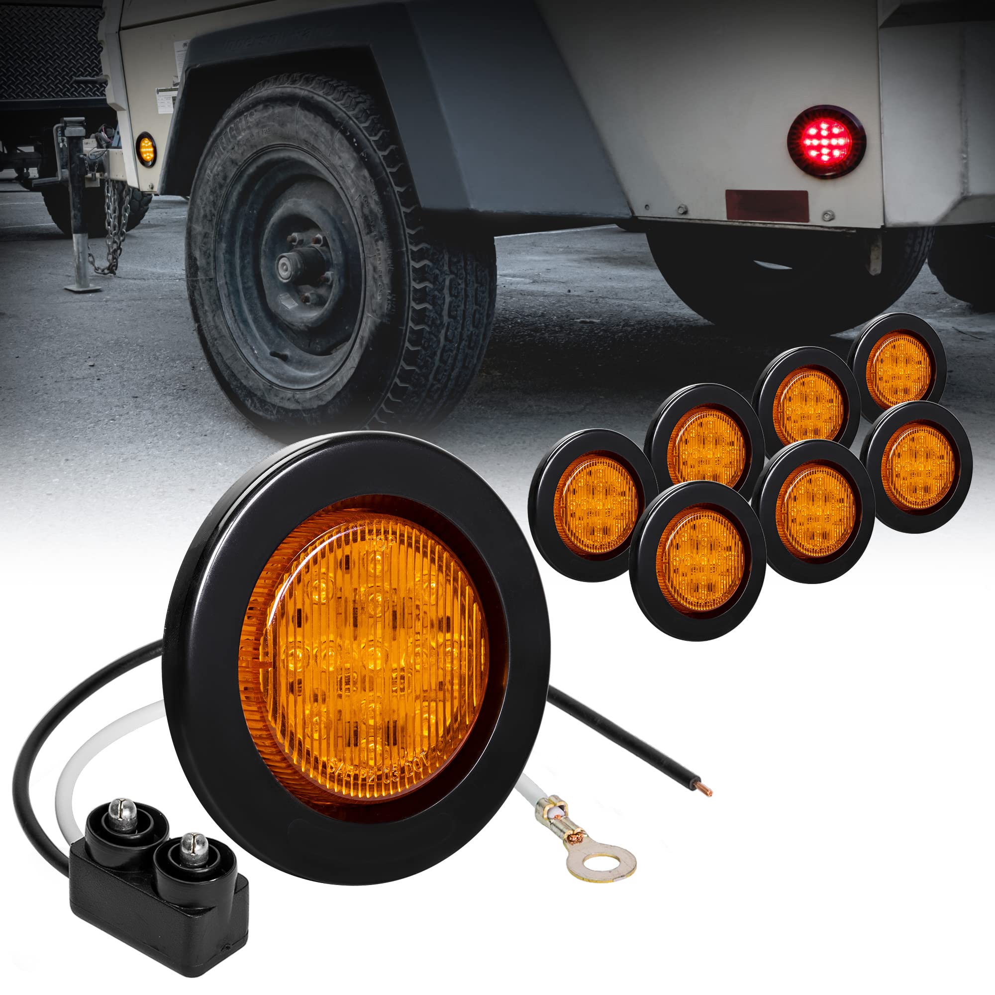 8pc 2.5 Amber Round Trailer LED Clearance Marker Lights [DOT FMVSS 108] [SAE P2] [Reflector Lens] [Grommet] [Flush-Mount] [Water