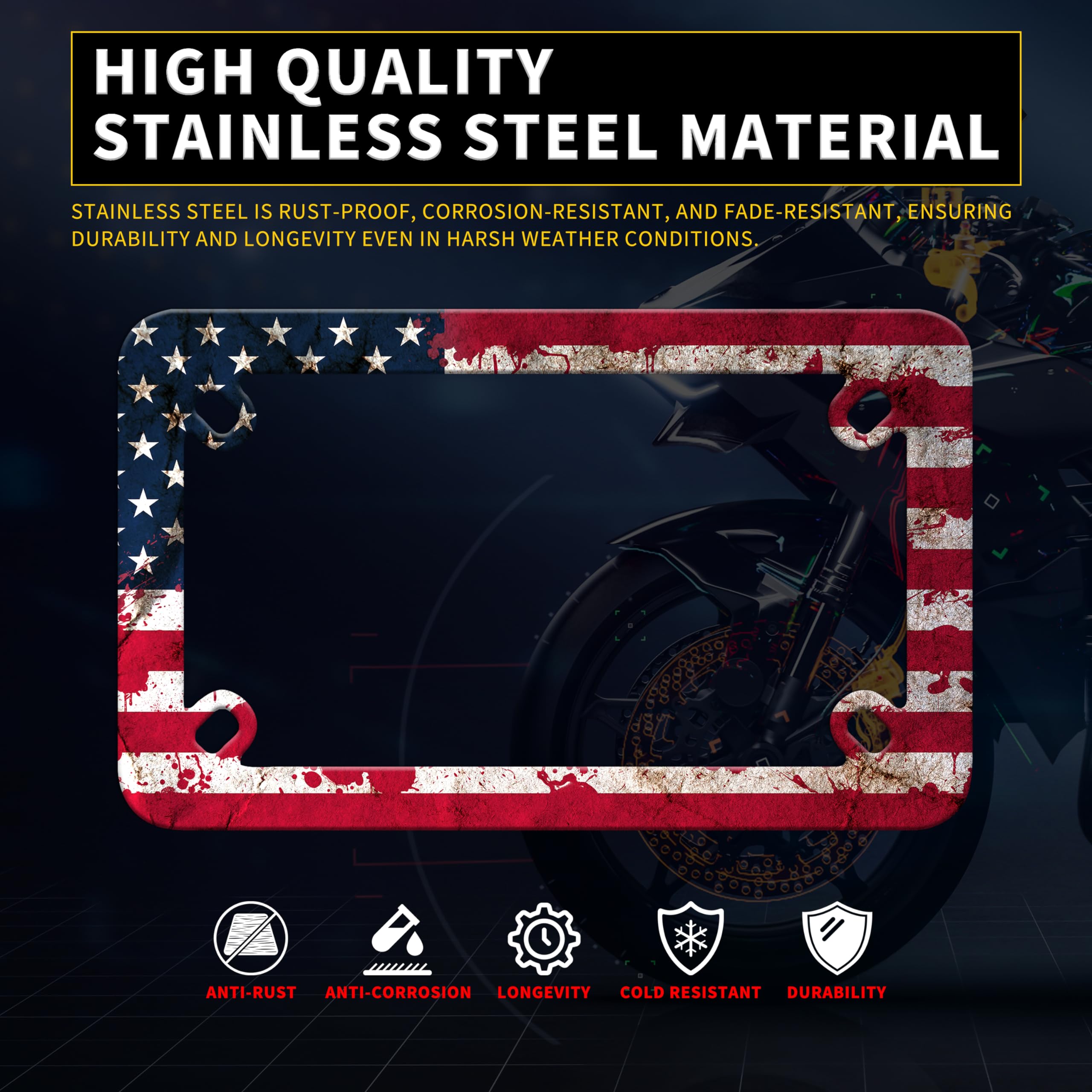 Motorcycle American Flag Blood Spatter License Plate Frame Stainless Steel Material Funny Motorbike License Plate Holder Motorcy