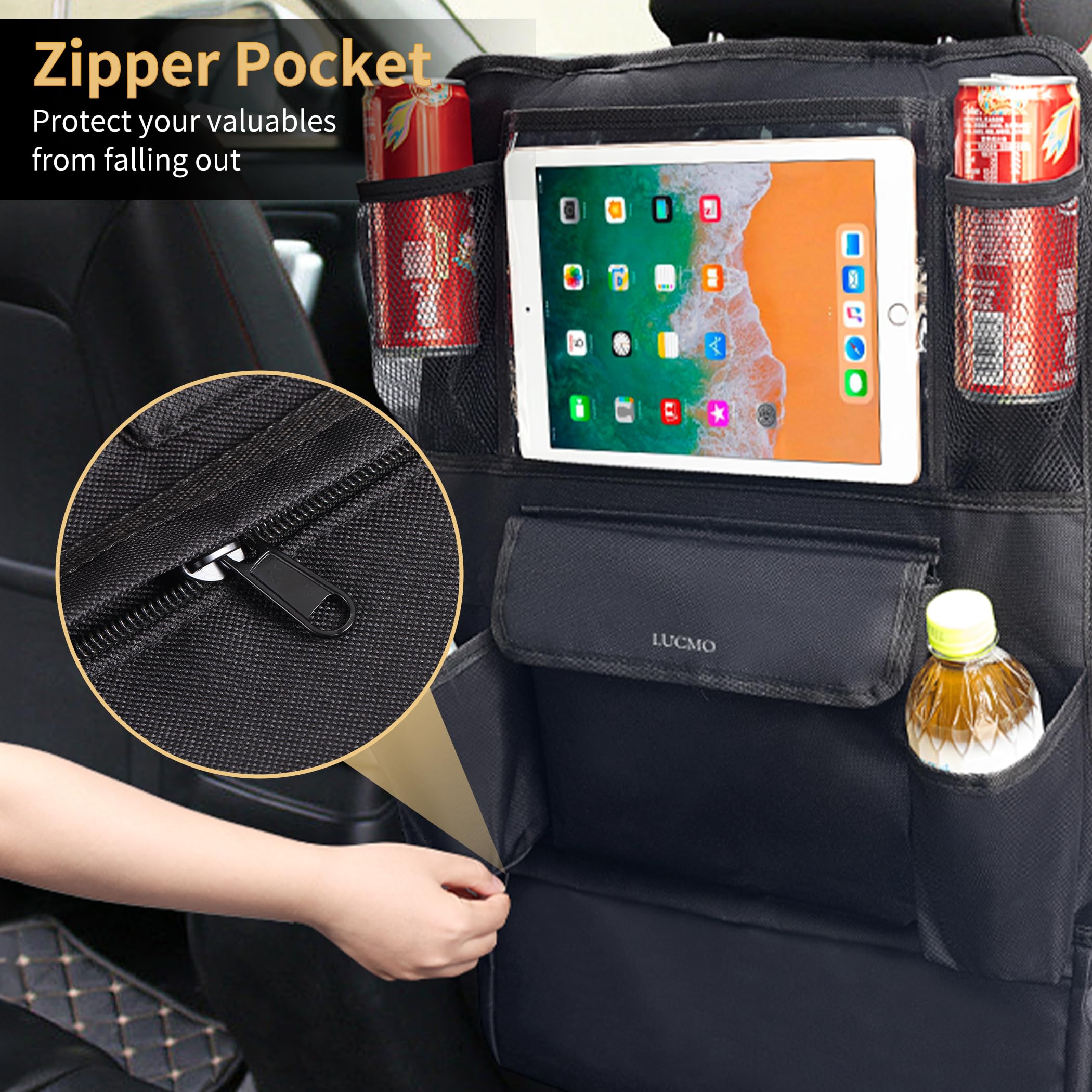LUCMO Car Backseat Organizer with Touch Screen Holder, 9 Pockets, Black, Polyester, Model 12LCO, Travel Accessory for Kids