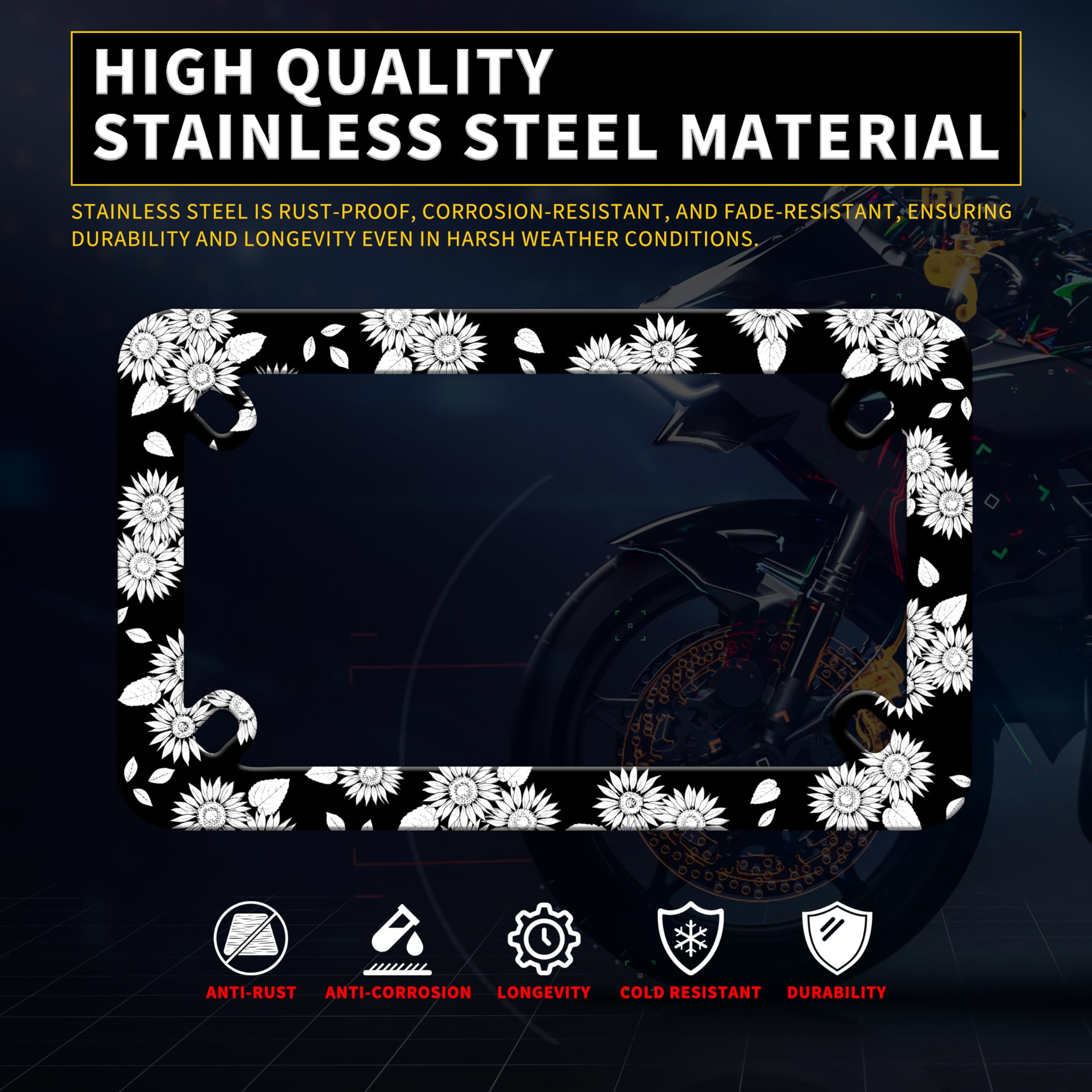 Motorcycle Black White Sunflower License Plate Frame Beautiful Flowers Stainless Steel Material Funny Motorbike License Plate Ho