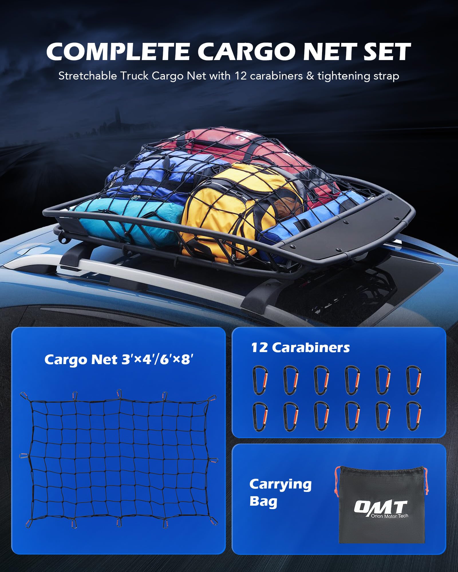 Orion Motor Tech 3X4 Ft Heavy Duty Cargo Net For Pickups Suvs Vans Semis, 6X8Ft Max Bungee Cord Net For Truck Bed Roof Rack Trai
