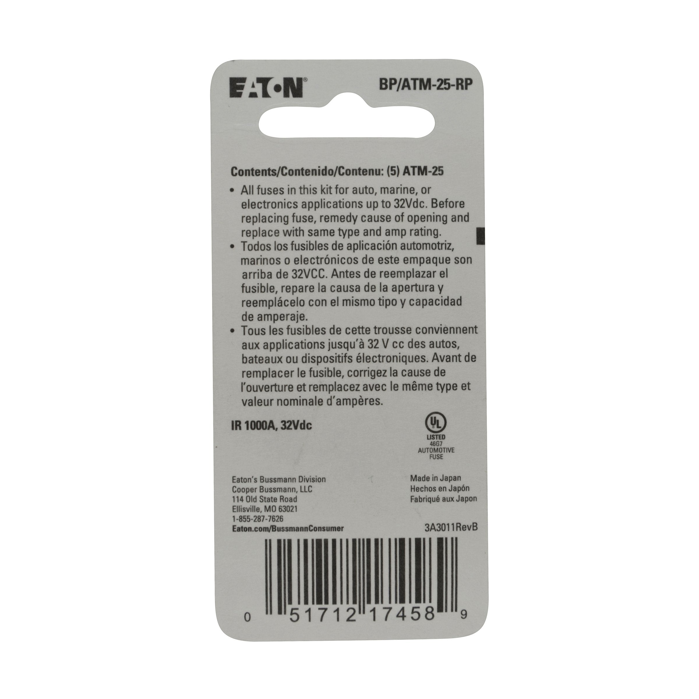 Bussmann Bp/Atm-25-Rp Atm Automotive Blade Fuse (25 Amp (Card)), 5 Pack