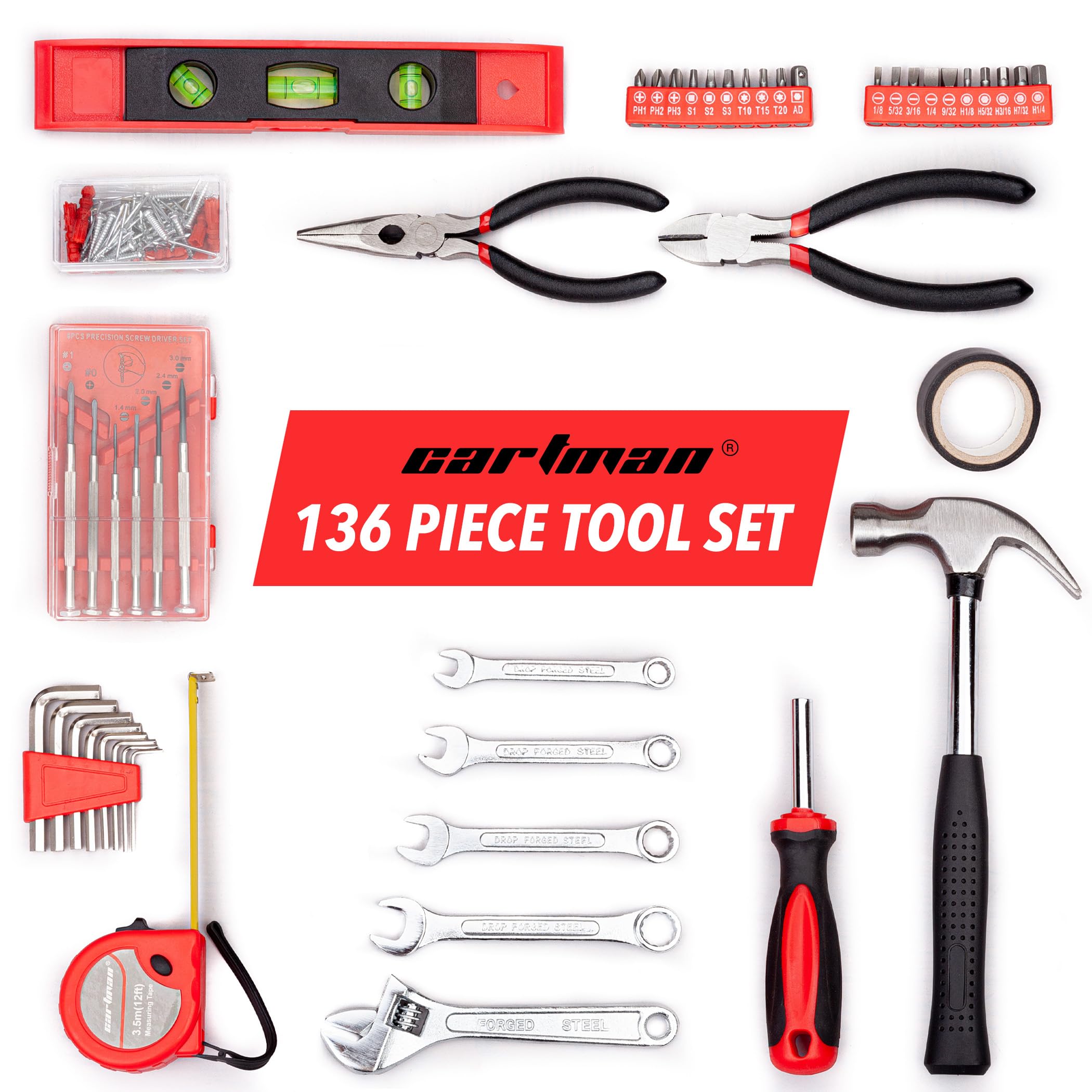 Cartman 136Piece Tool Set General Household Hand Tool Kit With Plastic Toolbox Storage Case