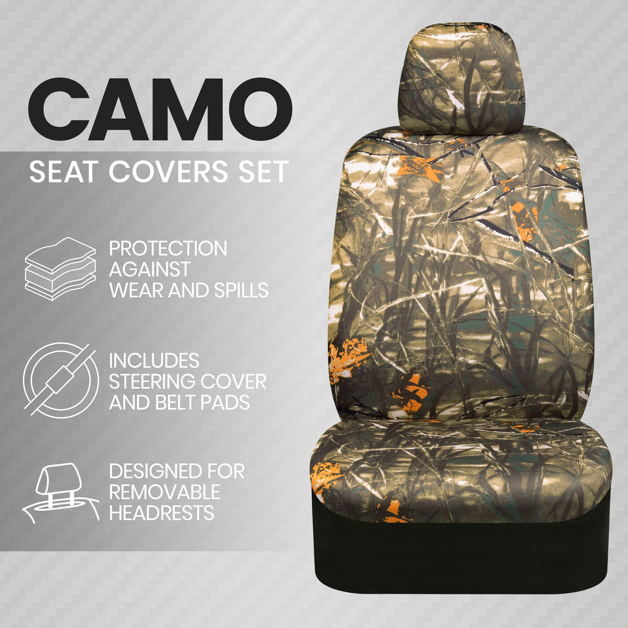 BDK Hunter Camo Car Seat Covers Full Set - Polyester, Forest Camouflage, Includes Steering Wheel & Seat Belt Covers, Model SC-5712
