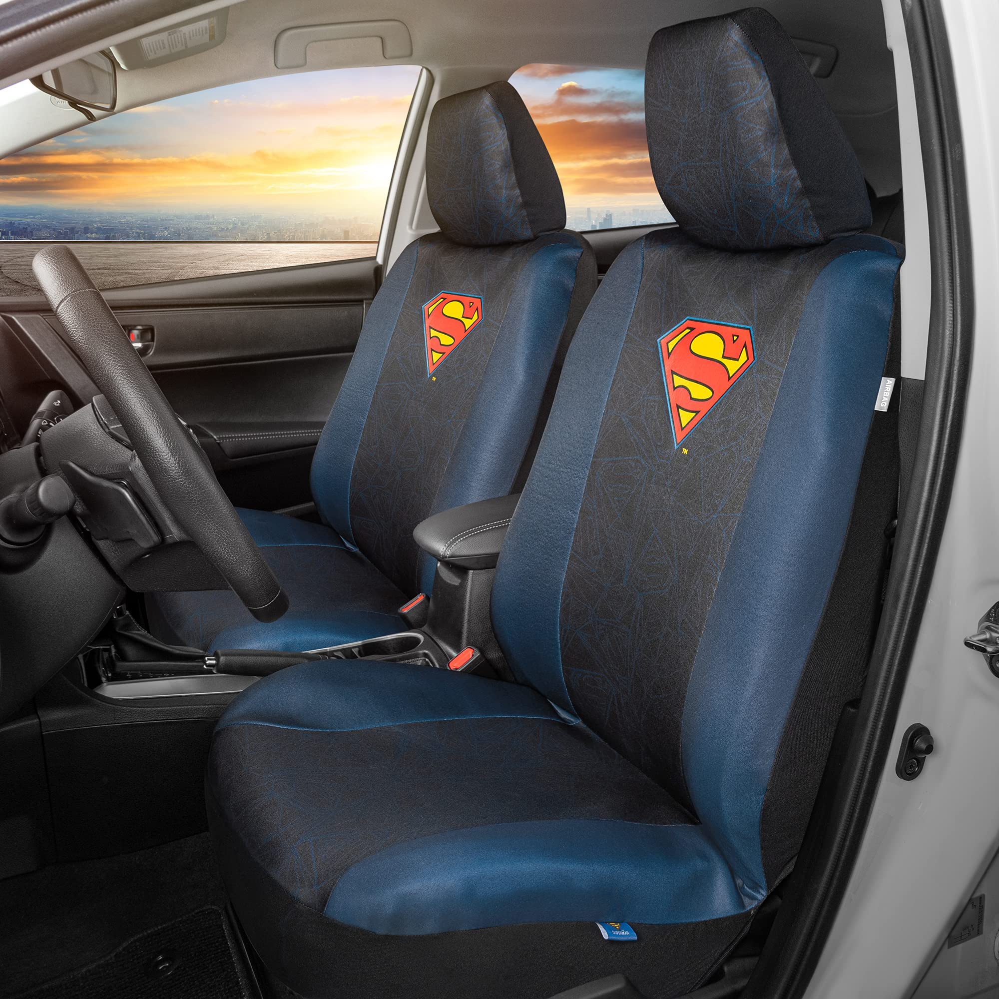 BDK Superman Universal Fit Seat Covers - Polyester, 2 Front, Side Airbag Compatible, Removable Head Cover & Belt Pads