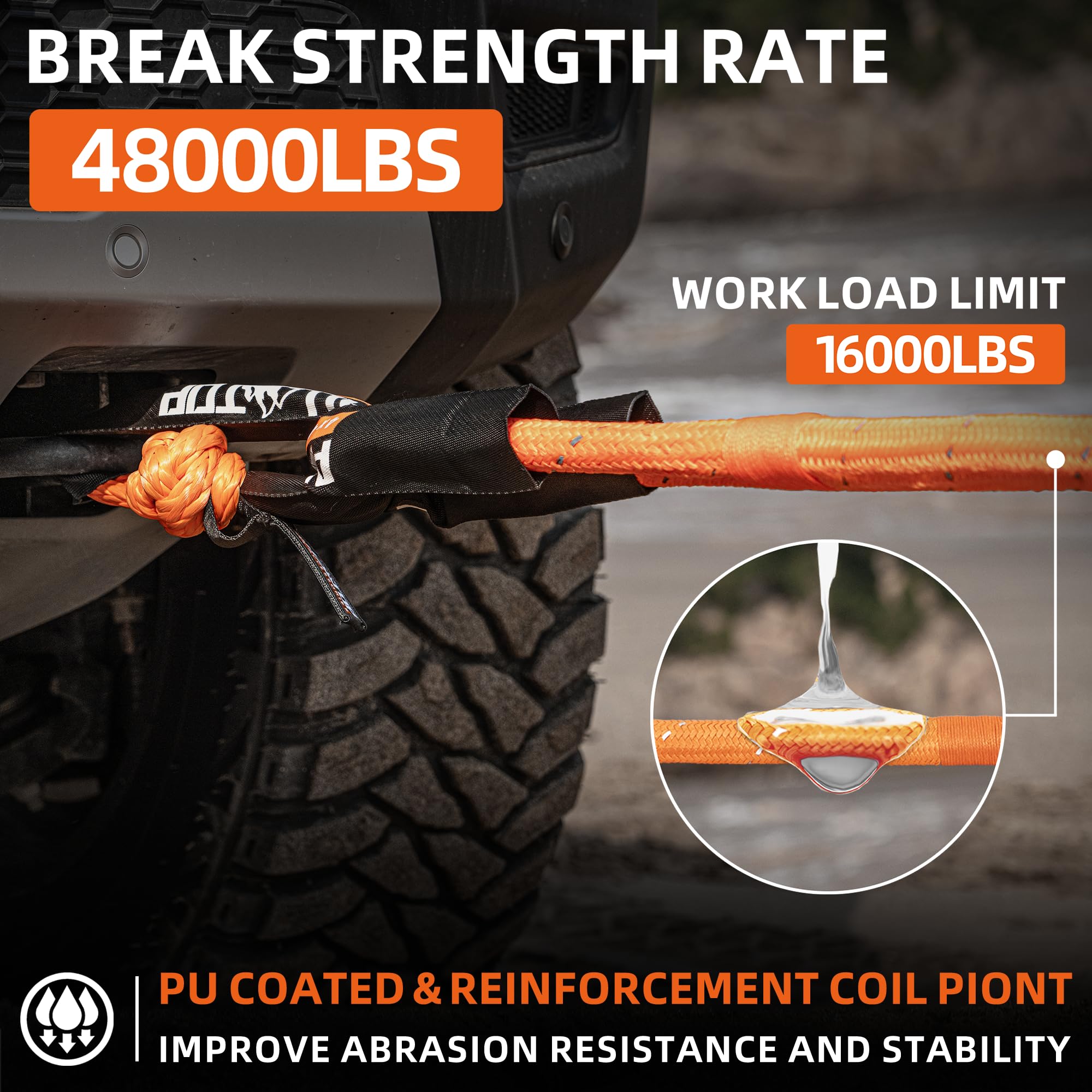 All-Top Kinetic Rope Kit (Reflective) W/ 2 Soft Shackles, 48000Lbs, 1In X 30Ft, Heavy Duty 30+% Elasticity, 16000Lbs Work Load L