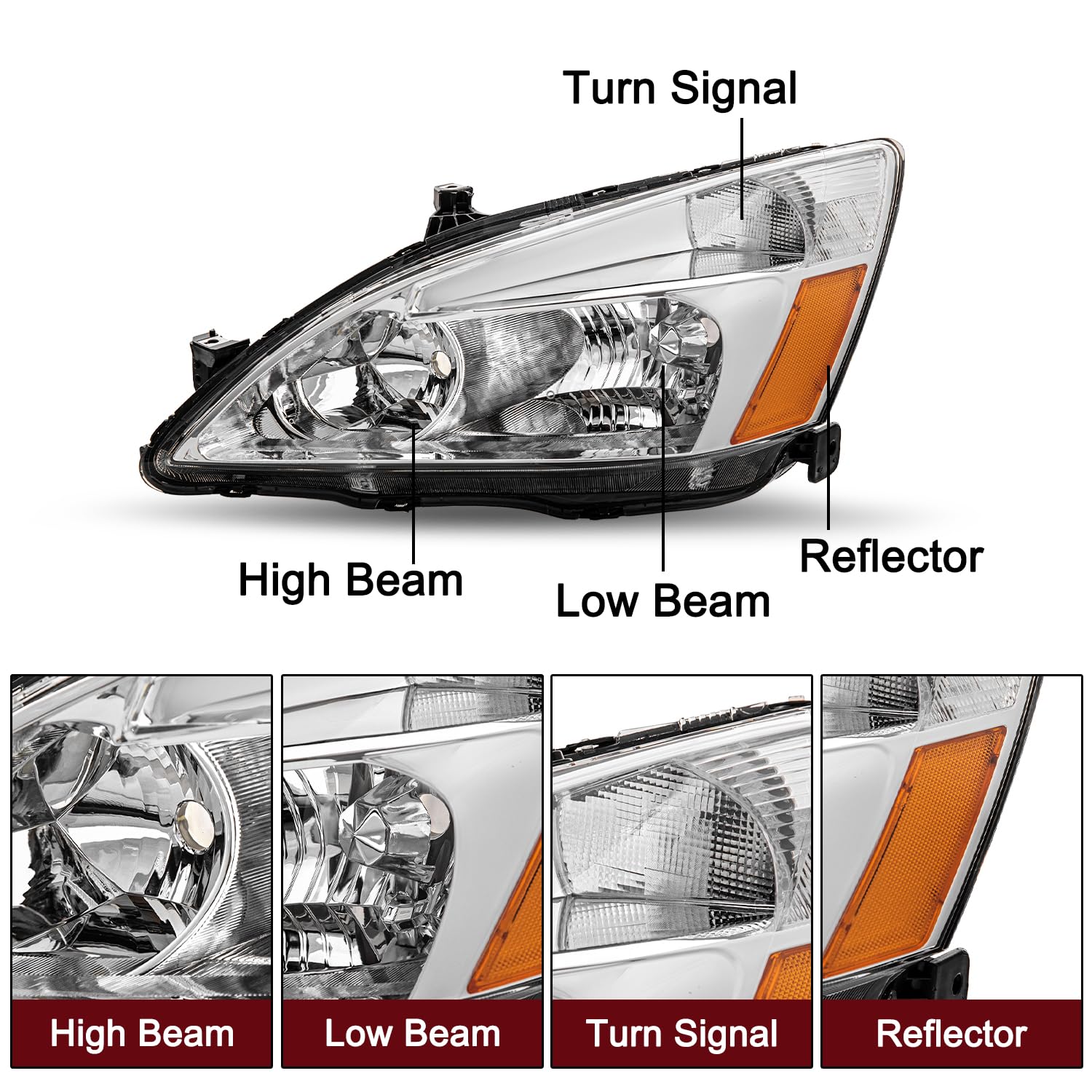 Jsboyat Headlight Assembly Pair W/Bulbs For 2003-2007 Honda Accord Halogen Headlamp Chrome Housing With Clear Reflector (Driver
