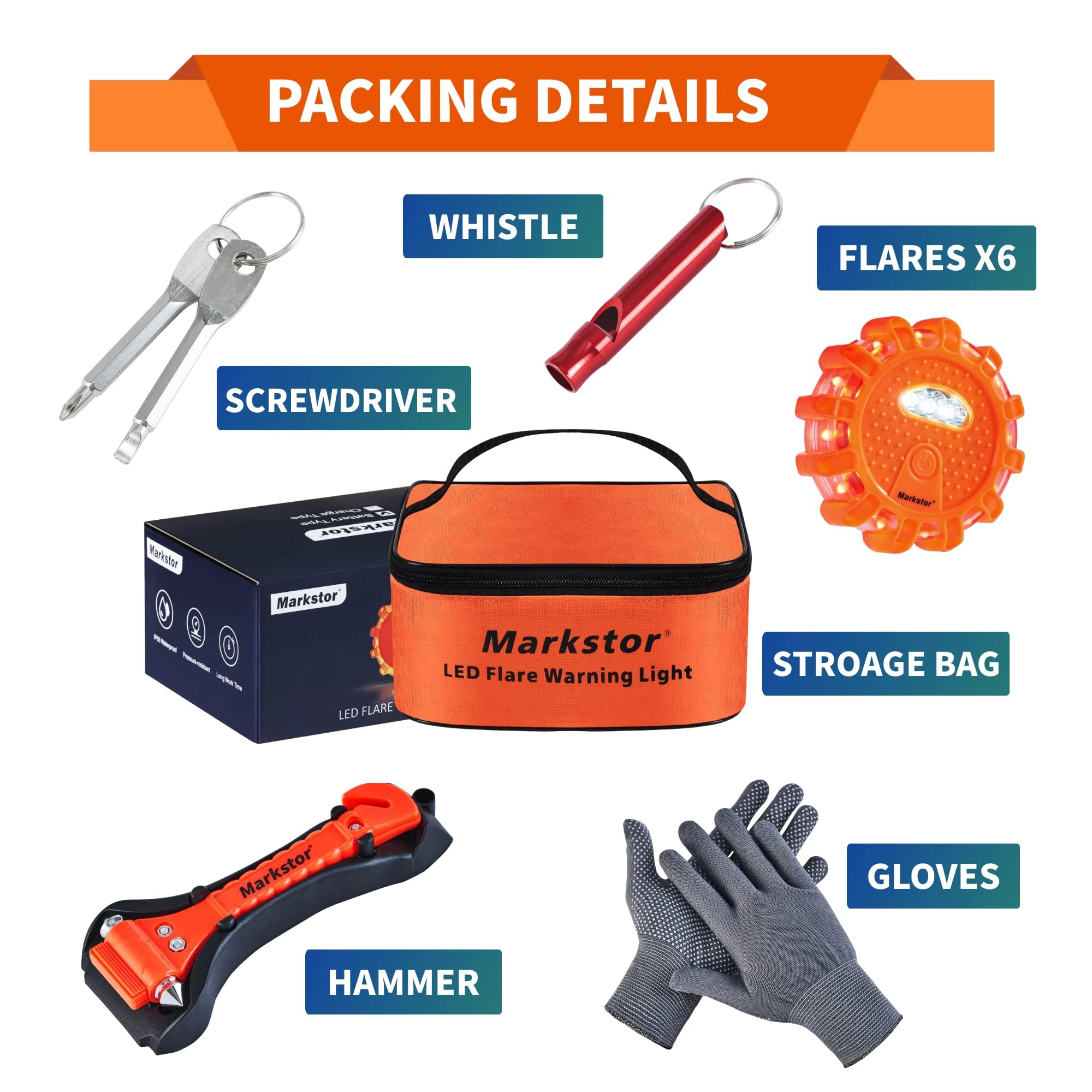 Markstor LED Road Flares - 6 Pack Emergency Lights, 9 Safety Modes, 360° Visibility, Orange, Model 06B, No Battery