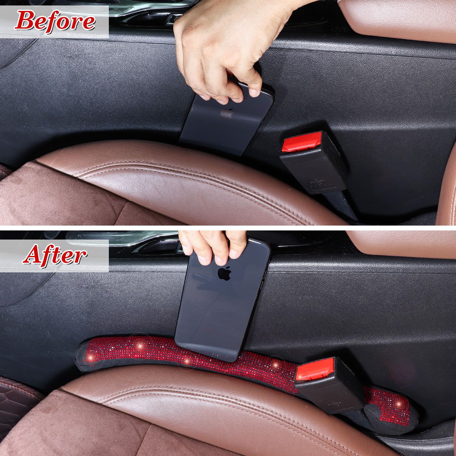 Tobequeen Car Seat Gap Filler Red Bling Car Accessories For Women Universal Fit For Car Truck Suv, 2 Pack Handmade Crystal Rhine