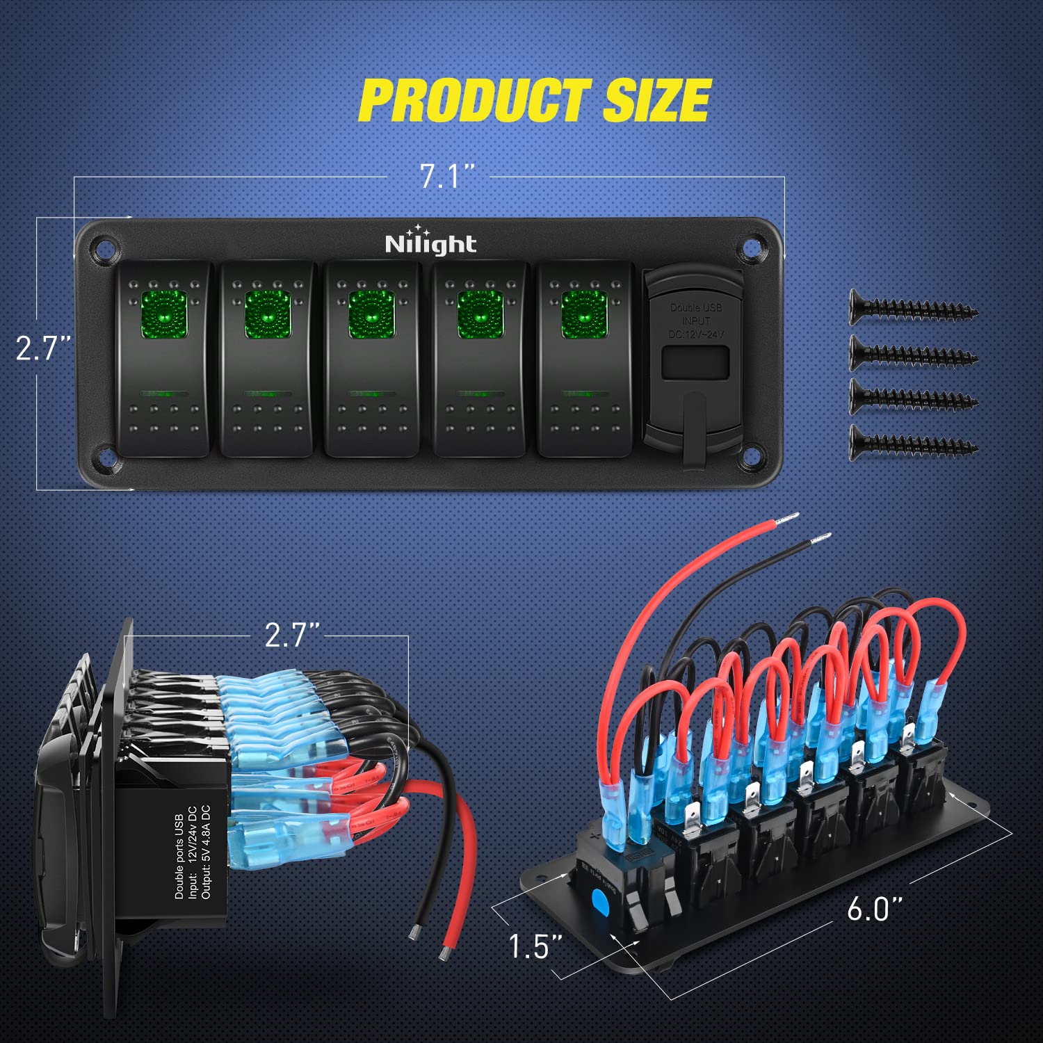 Nilight 5 Gang Rocker Switch Panel Green Backlit With 4.8 Amp Dual Usb Charger Voltmeter Waterproof 12V 24V Dc Night Glow Sticke