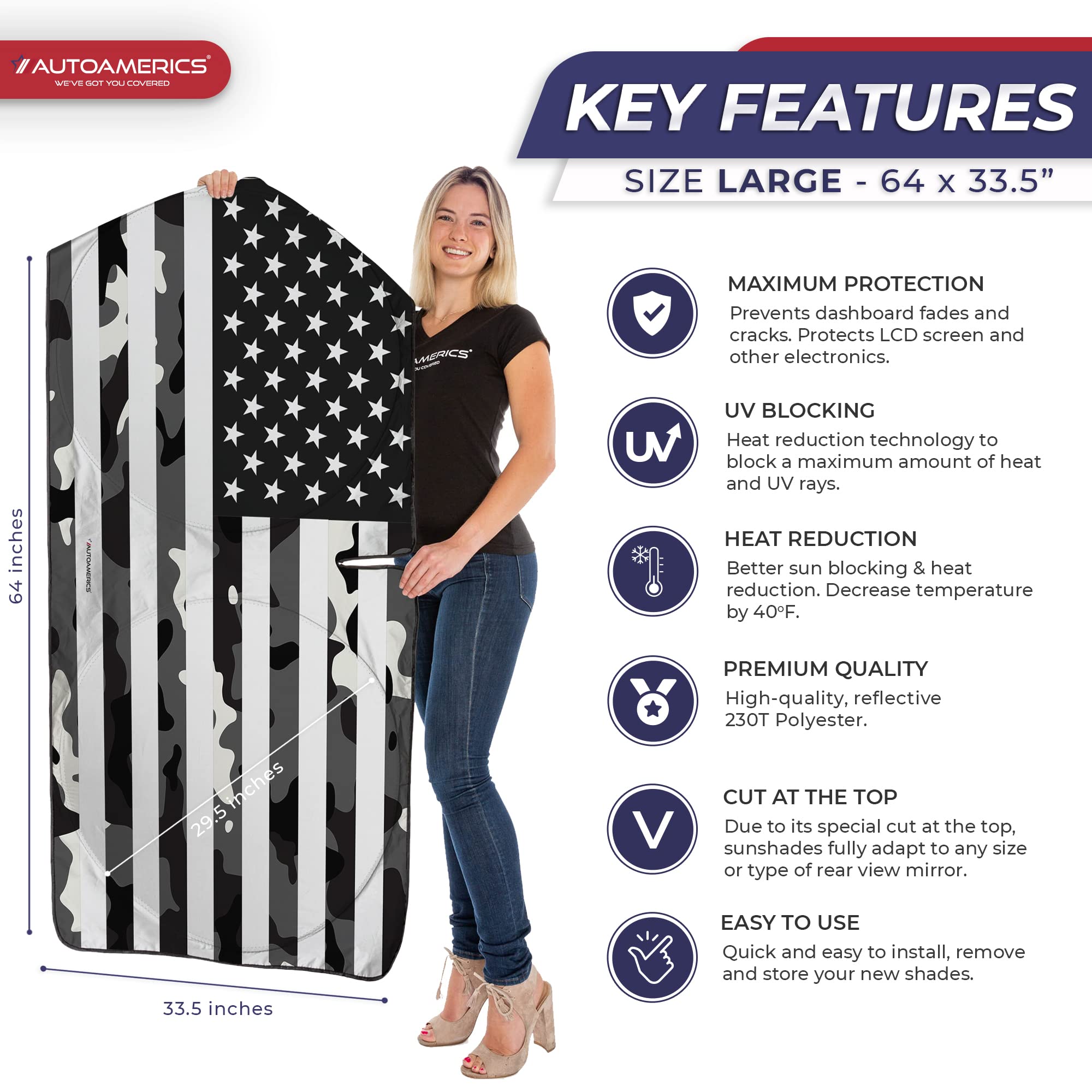 Autoamerics 1-Piece Windshield Sun Shade B&W Camo American Flag Usa Design - Foldable Car Front Window Sunshade For Most Sedans