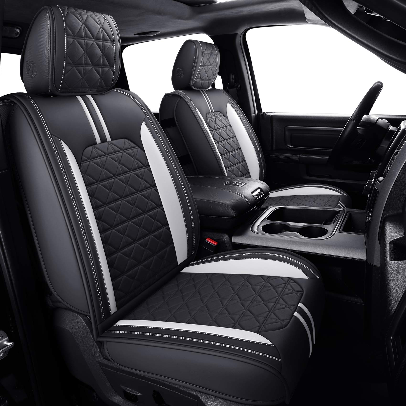 Yiertai Truck Seat Covers For Dodge Ram Fit 2009-2025 1500 2500 3500Hd Limited Laramie Classic Bighorn Longhorn Crew Double Quad Cab Mega Cab Waterproof Leather(2 Pcs Front Only/Black-White)