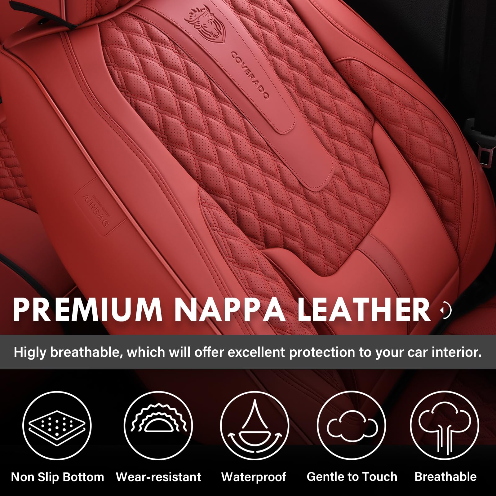 Coverado Car Seat Covers Front Seats, Luxury Faux Leather Red Seat Covers for Cars Waterproof Seat Covers with Lumbar Support, C