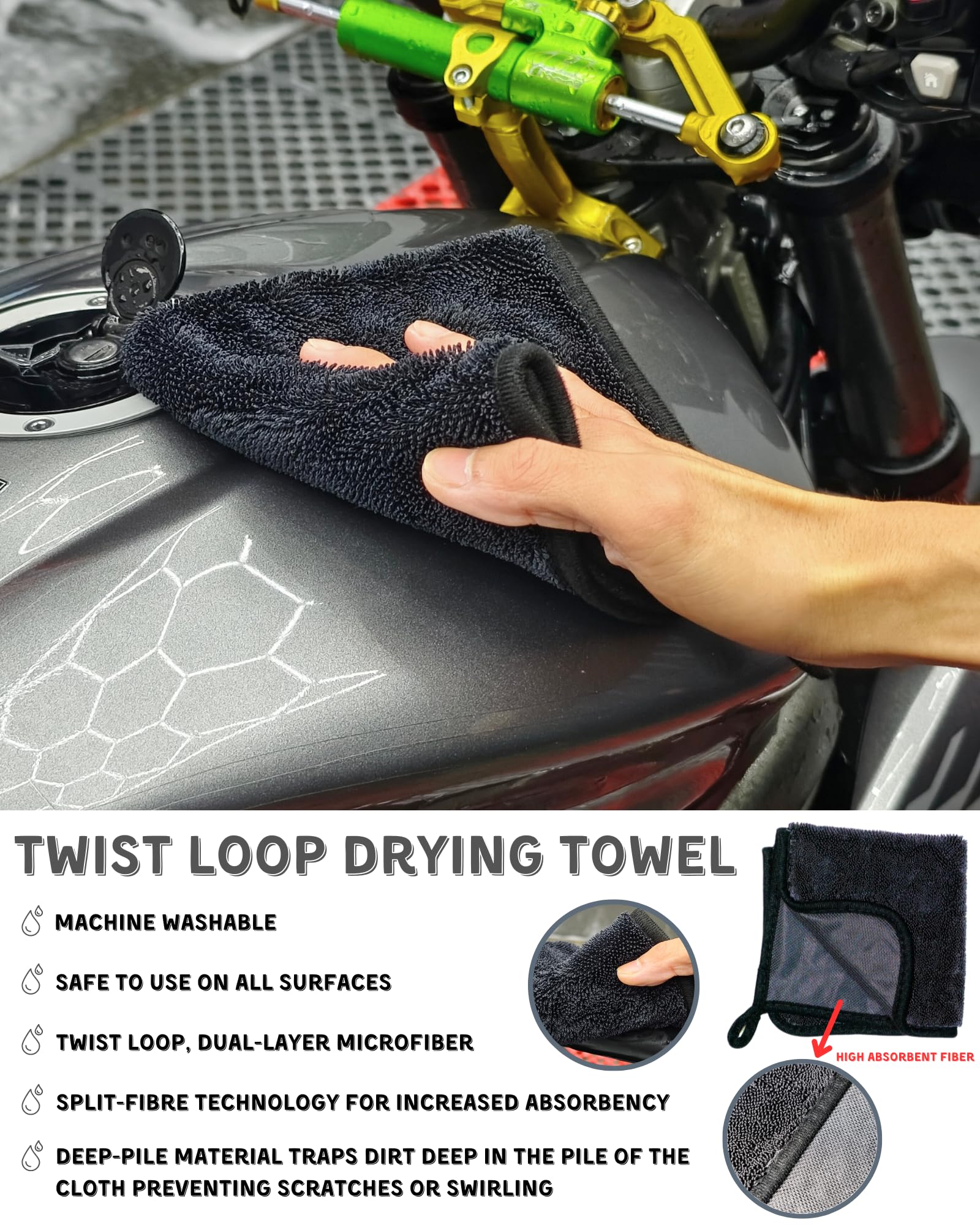 oesee Motorcycle Cleaning Kit - 8 Pack with Chrome Safe Products, Brushes & Towels - Model MCK008, Grey