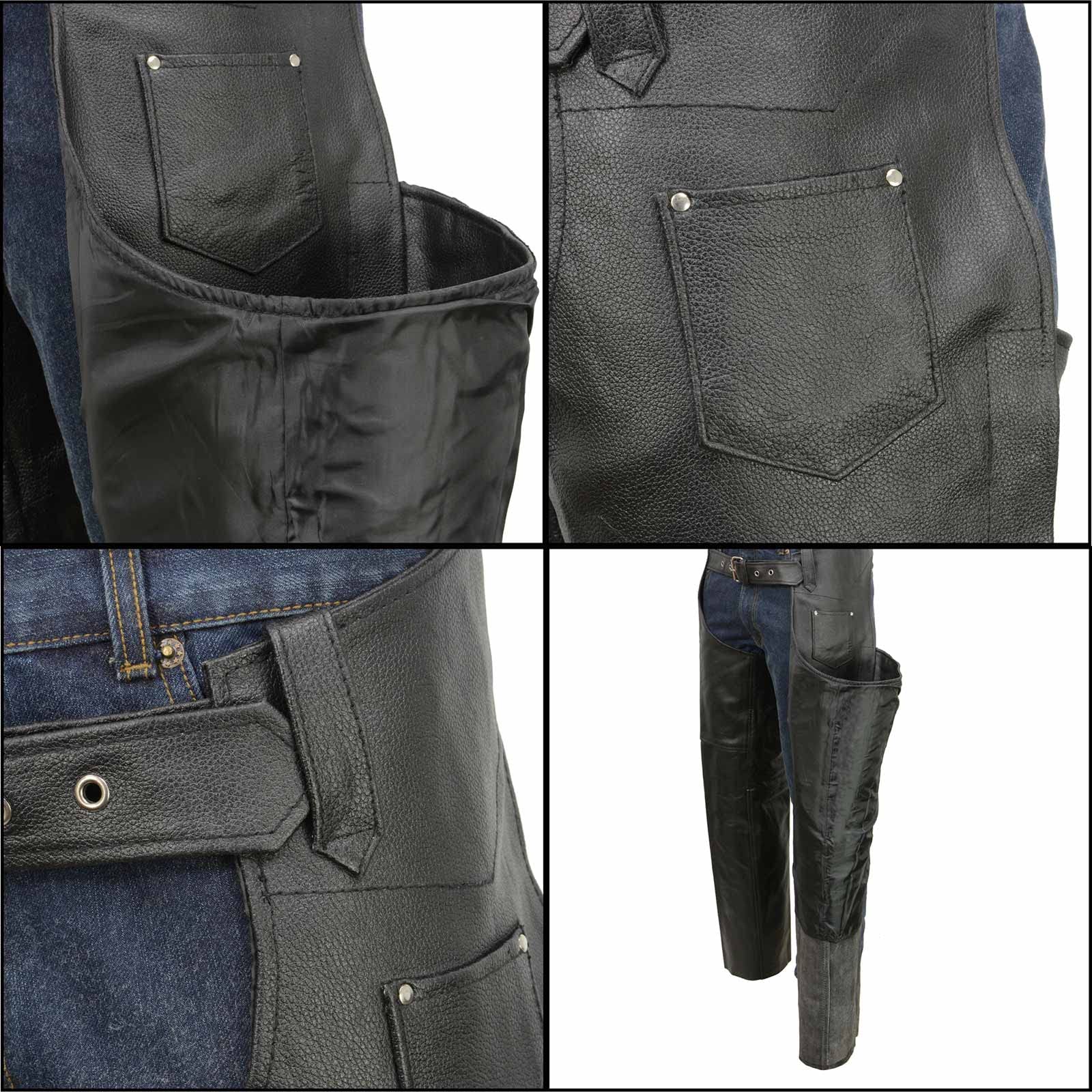 Event Biker El1117Bo Black Real Premium Leather Motorcycle Chaps For Men - Premium Leather Riding Chaps - Large