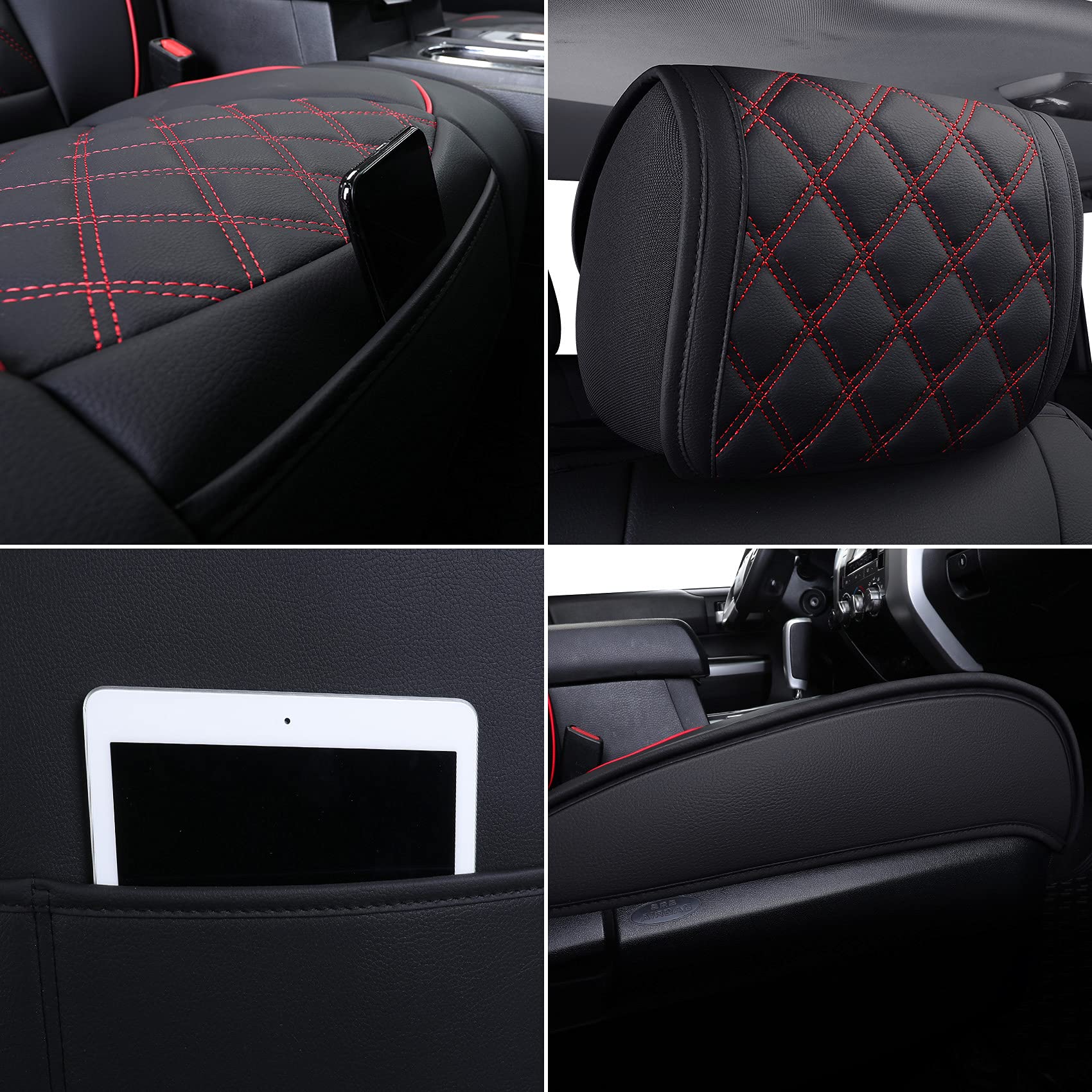 YIERTAI Truck Seat Covers for Toyota Tundra 2008-2025, Faux Leather, Waterproof, Black-Red, 2 PCS Front Only