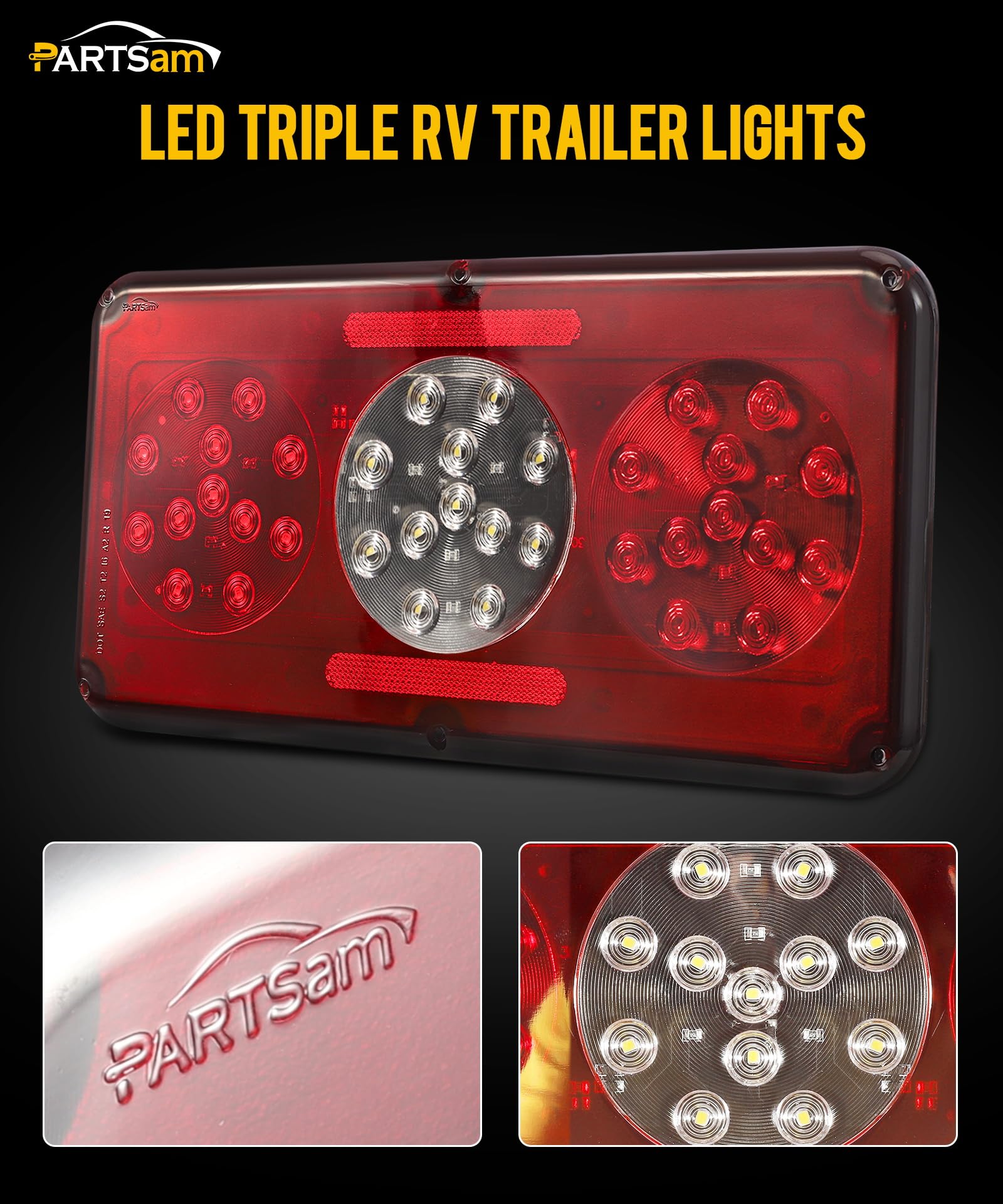 Partsam Rectangle LED Trailer Lights - Red & White, Standard Size, GTCV-0440276907, Vertical/Horizontal Mount, Durable Plastic