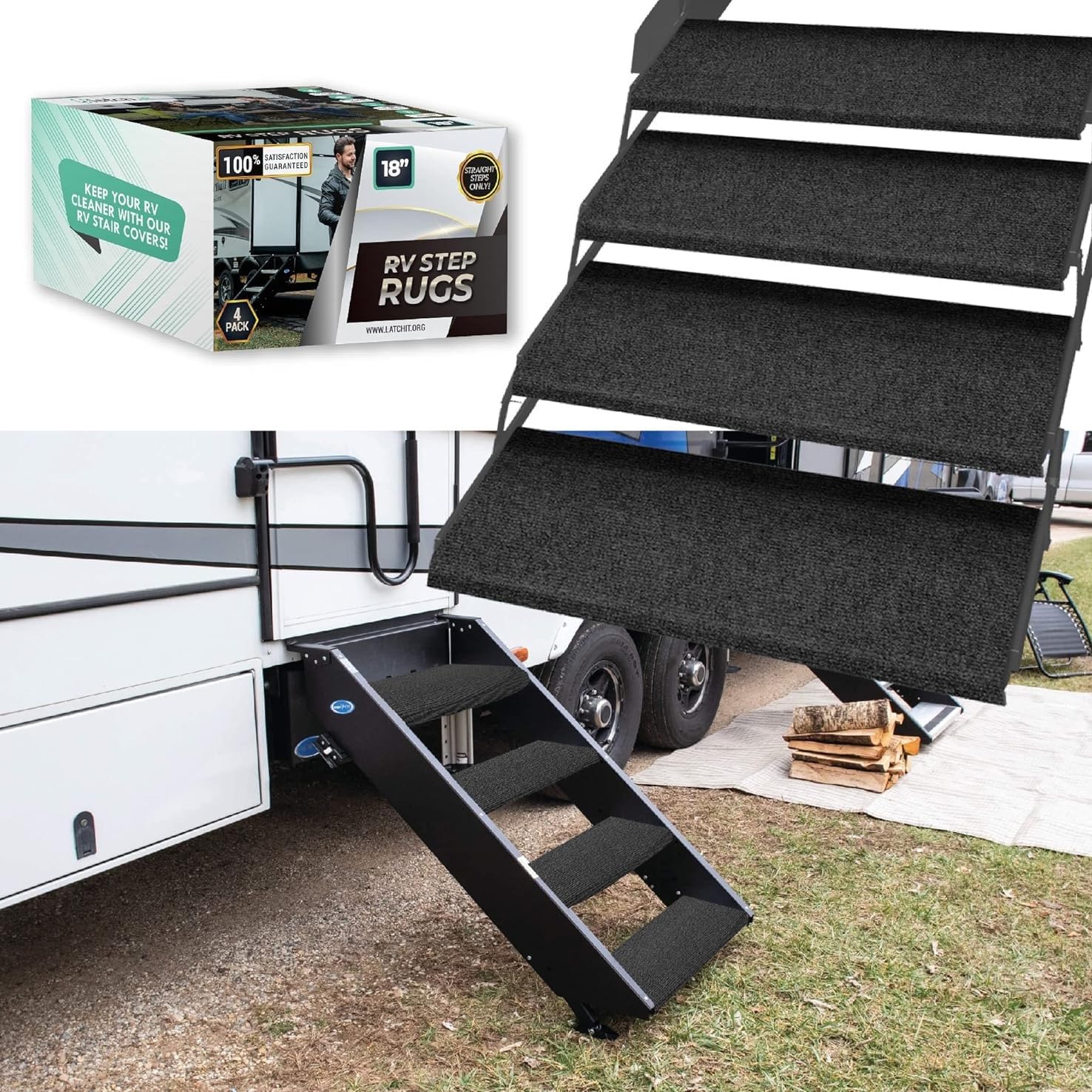 Latch.It Rv Step Covers 4 Pack | 18'' Wide Camper Step Carpet Covers | Camper Step Covers | Rv Step Carpet Best Fits 8-11'' Deep
