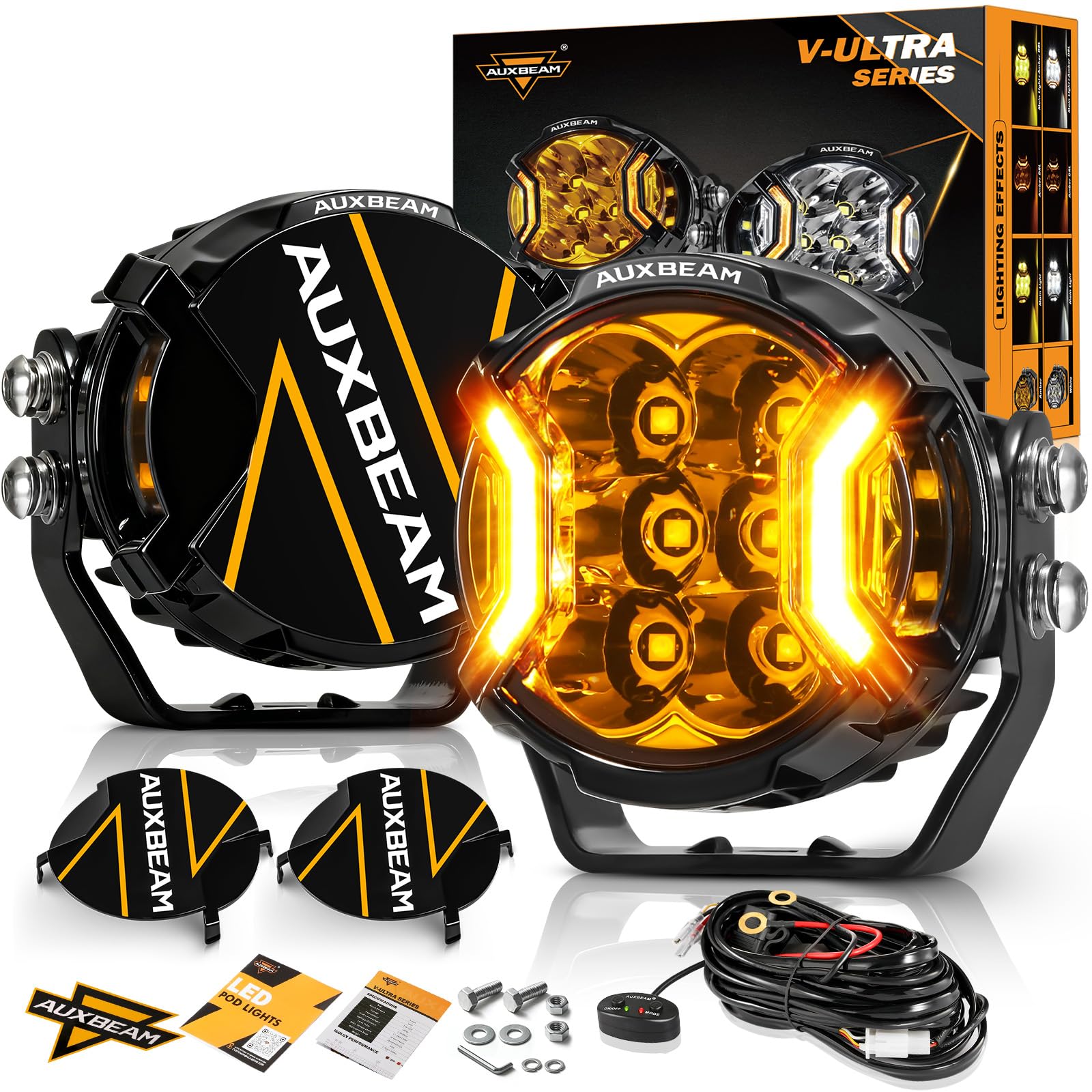 Auxbeam V-Ultra Series 3 Inch 108W LED Round Pods, 3 Modes Offroad Driving Side Shooter Light with Amber DRL, 270 Ultra-Wide Amb