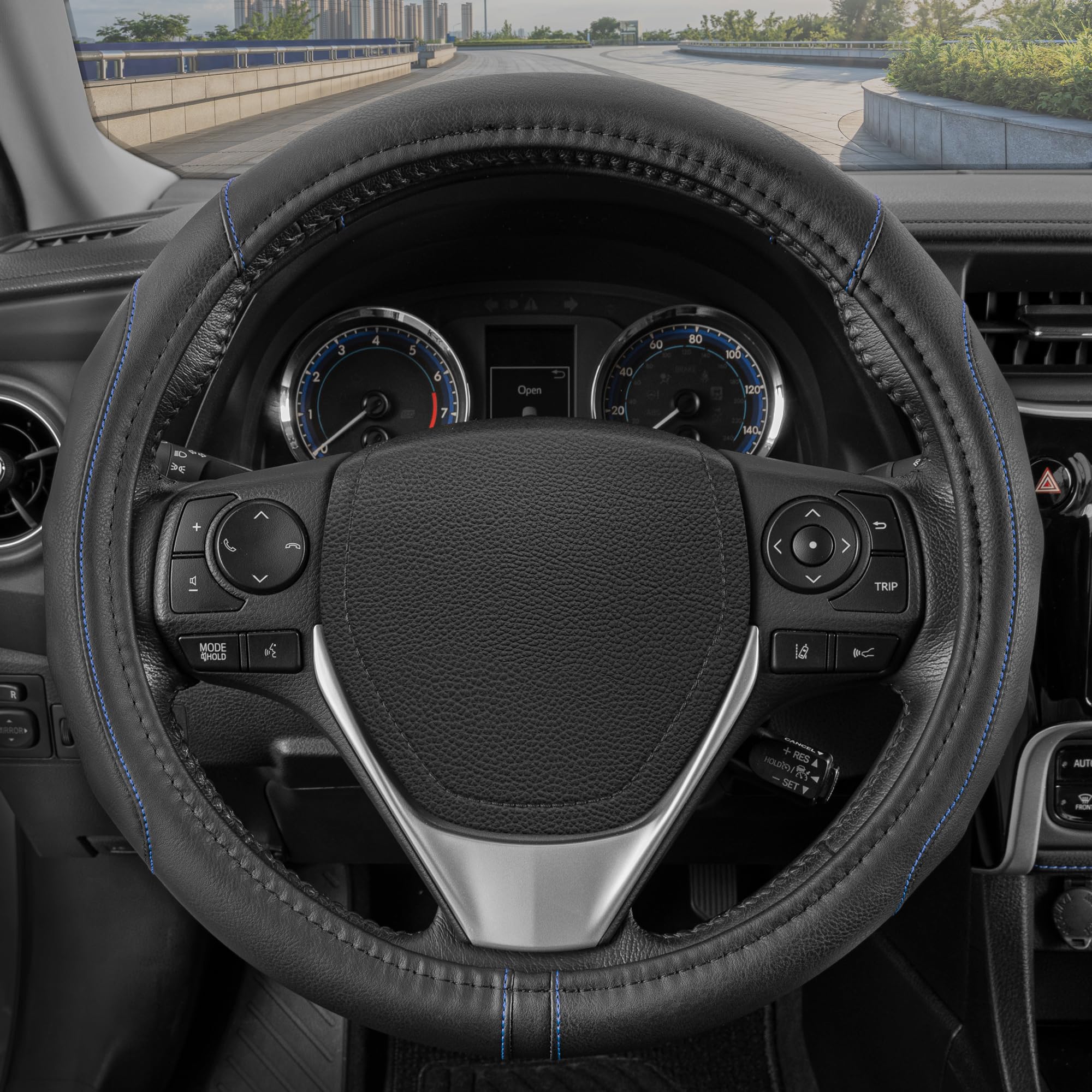 Motor Trend - Sw-761-Bl-S__Am Gripdrive Pro Synthetic Leather Auto Car Steering Wheel Cover Black W/ Blue Accent Stitching Comfort Grip - Small 13.5 To 14.5 Inch