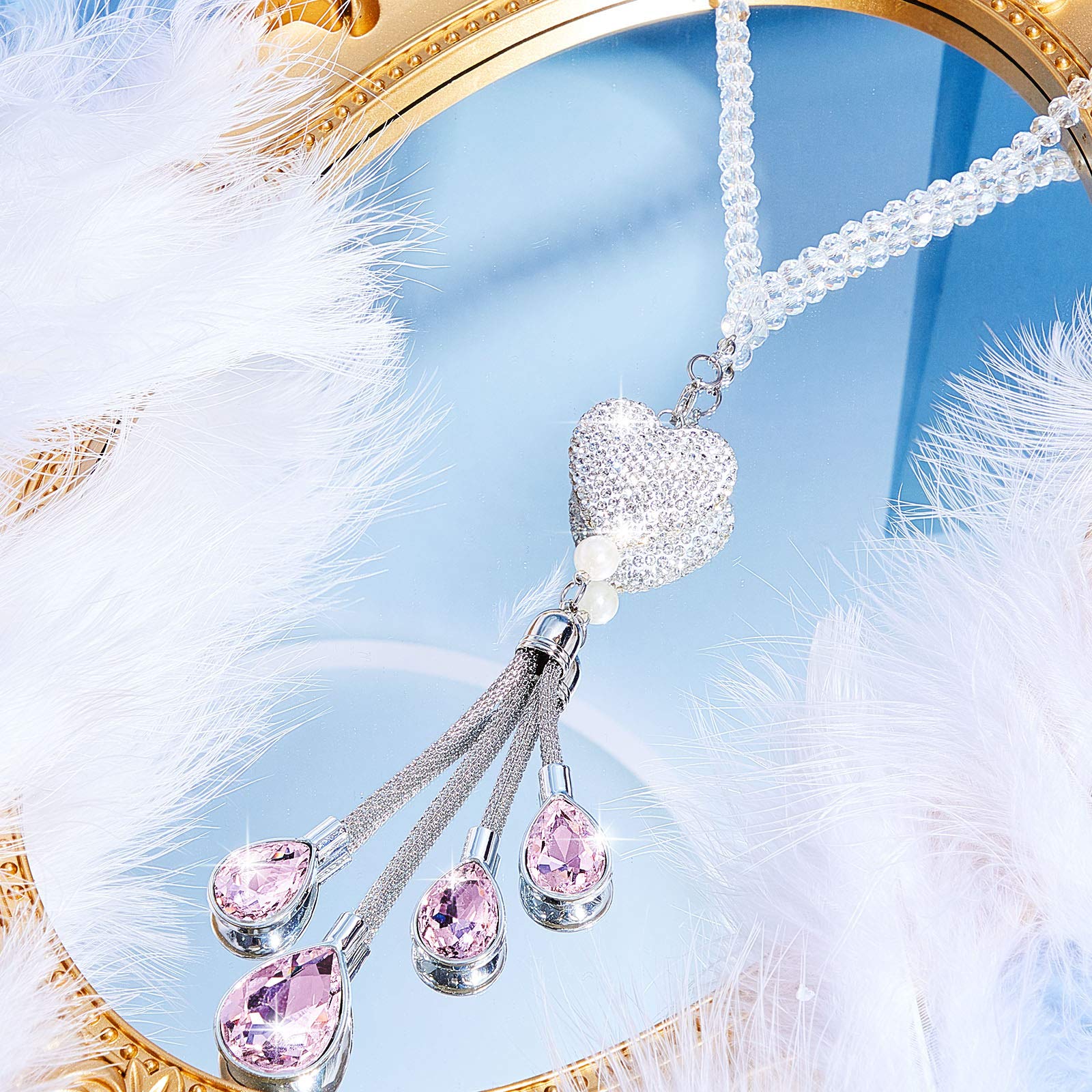 Frienda Bling Heart Diamond Car Charms Car Accessories for Women, Crystal Car Rear View Mirror Charms Car Decoration Lucky Hangi