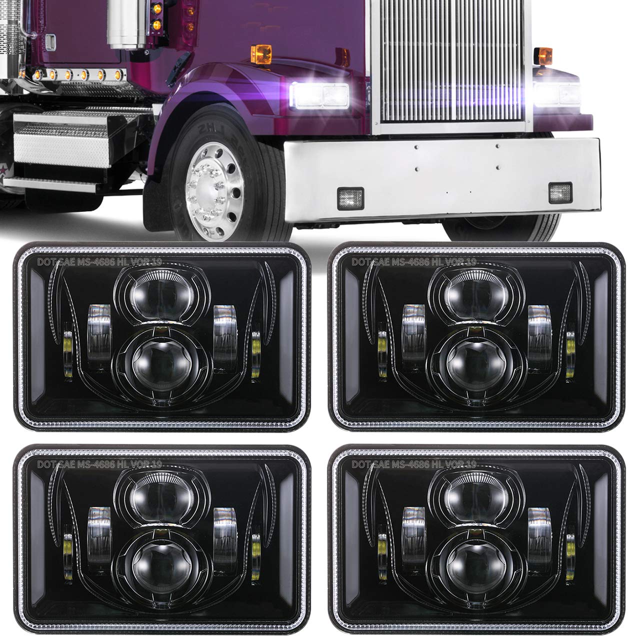 BICYACO 4 PCS DOT 60W 4x6 Inch LED Headlights Rectangular Replacement H4651 H4652 H4656 H4666 H6545 Compatible with Peterbilt Ke