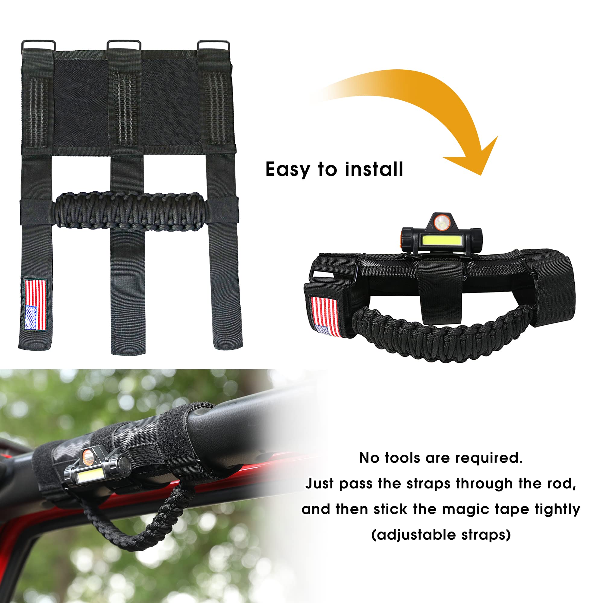 sukemichi Grab Handles with Light for Jeep Wrangler, 2 Piece, Black, Paracord and Metal Clip, Compatible with TJ JK JL YJ JT