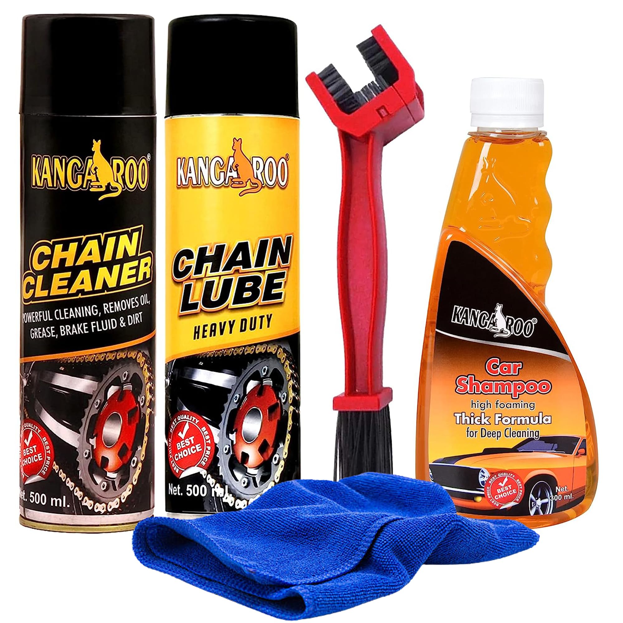 Kangaroo Chain Care Kit | Chain Lube Spray & Chain Cleaner (500ml Each) with Brush & Bike Shampoo (300ml) | Complete Maintenance