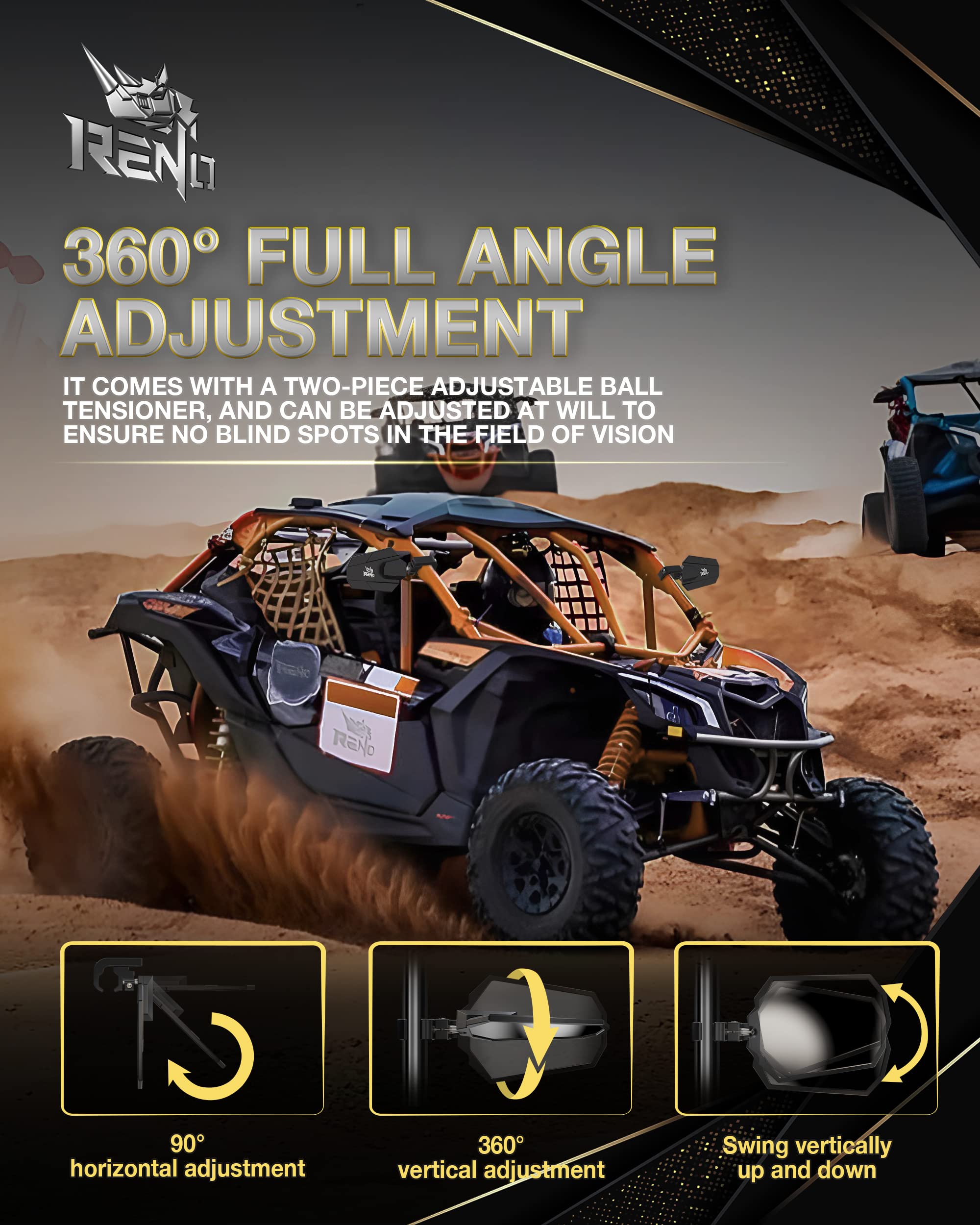 RENO UTV Side Mirrors, Fits 1.25''-2'' Roll Bar Cage CNC Aluminum Rear View Mirror Heavy-Duty Adjustable Bracket Compatible with