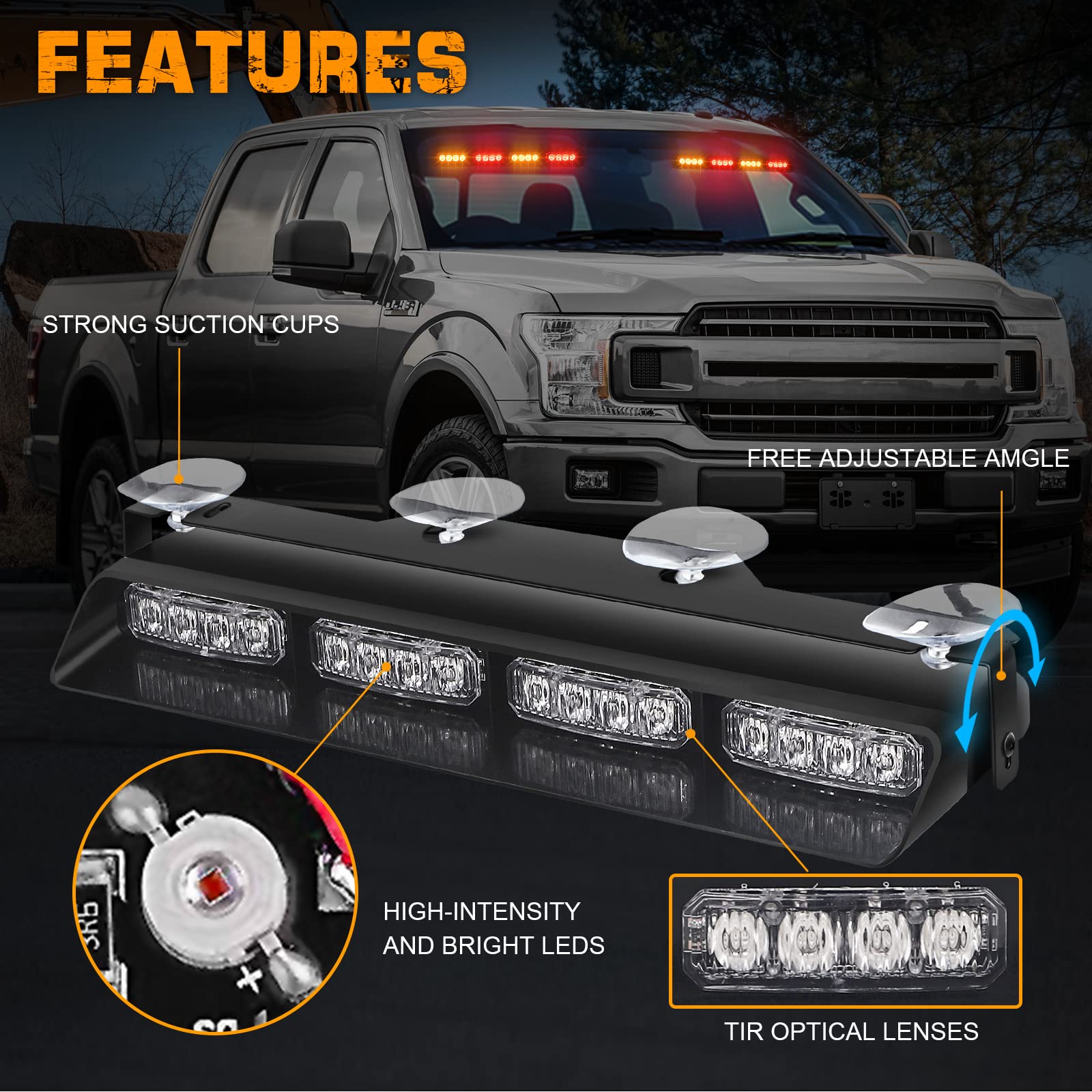 Xridonsen Amber Red Emergency Dash Strobe Lights Safety Flashing Warning Hazard Interior Front/Rear Windshield Deck Split Light