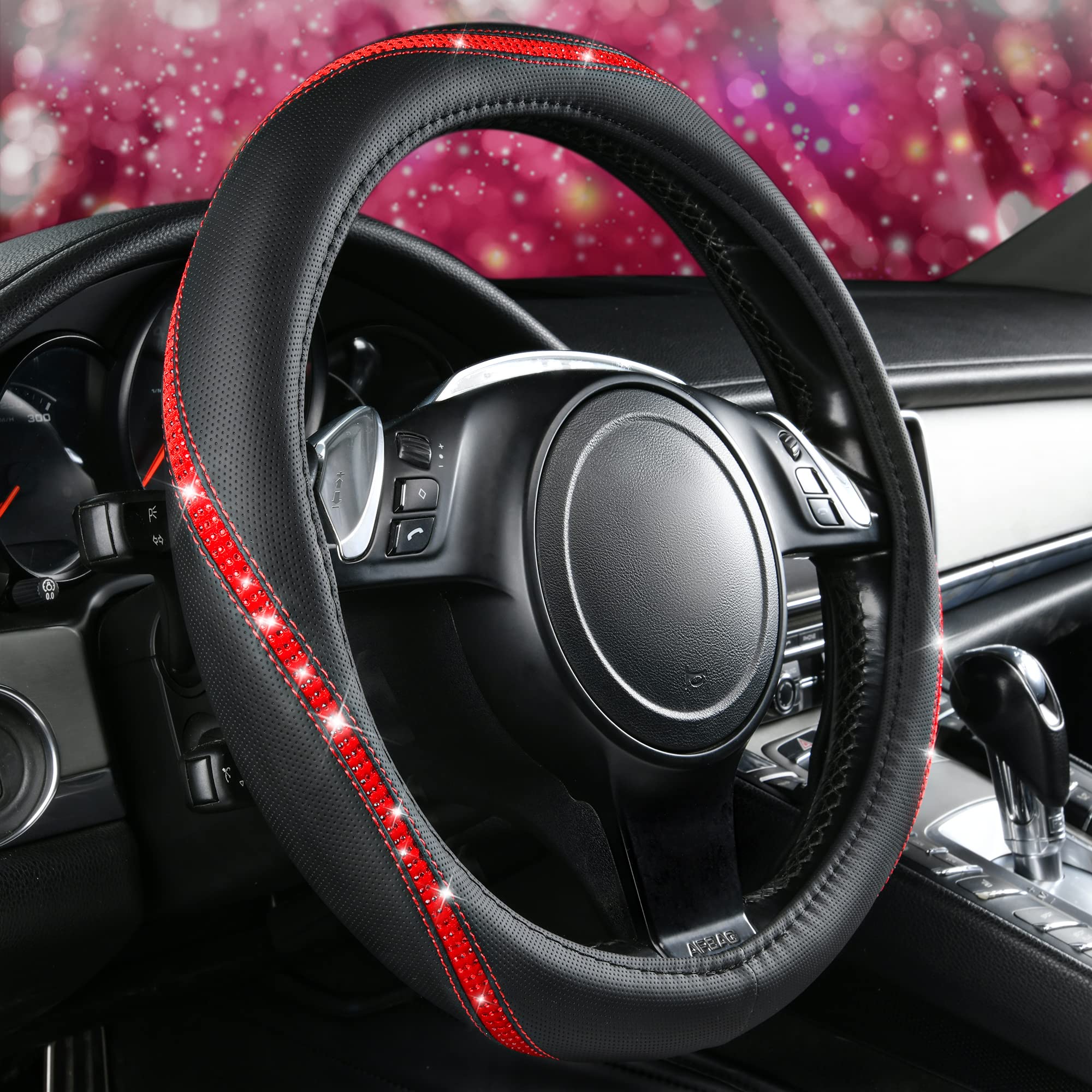 Car Pass Bling Diamond Black Leather Steering Wheel Cover, Studded Crystal Rhinestones Universal Fit 14' 1/2-15' Glitter For Women Sparkle Girl Fit Suvs,Vans,Sedans,Car,Trucks, Red Diamond