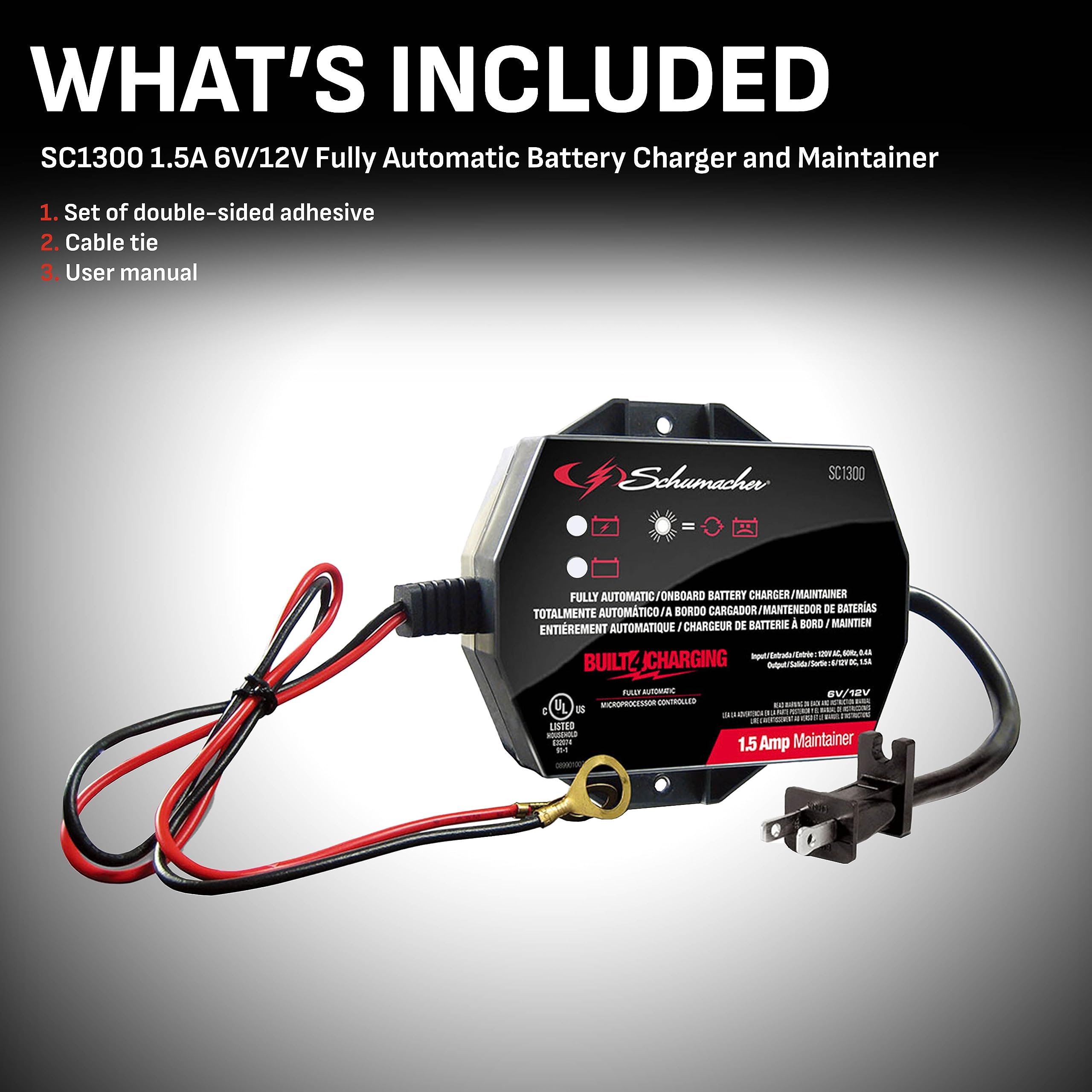 Schumacher SC1300 Fully Automatic 1.5A Battery Charger/Maintainer - 6V/12V for Cars, Motorcycles, Lawn Tractors - Black