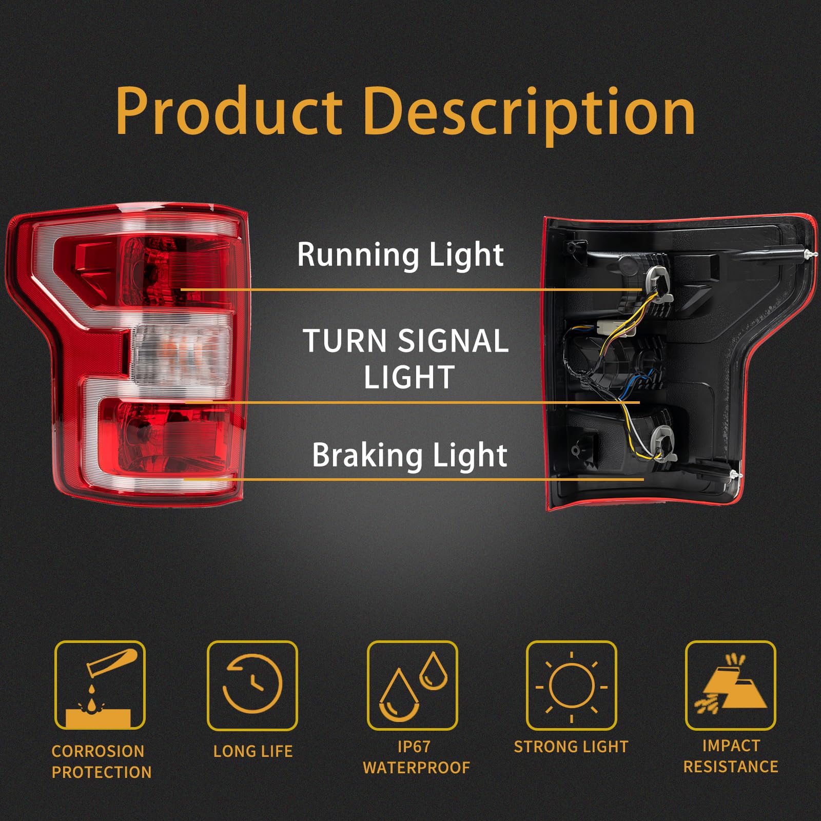 MiKaFex Brake Tail Light Rear Lamp Halogen for Ford F-150 2018-2020, Driver & Passenger Side, Red, Model HY114-LR, Includes Bulbs & Harness