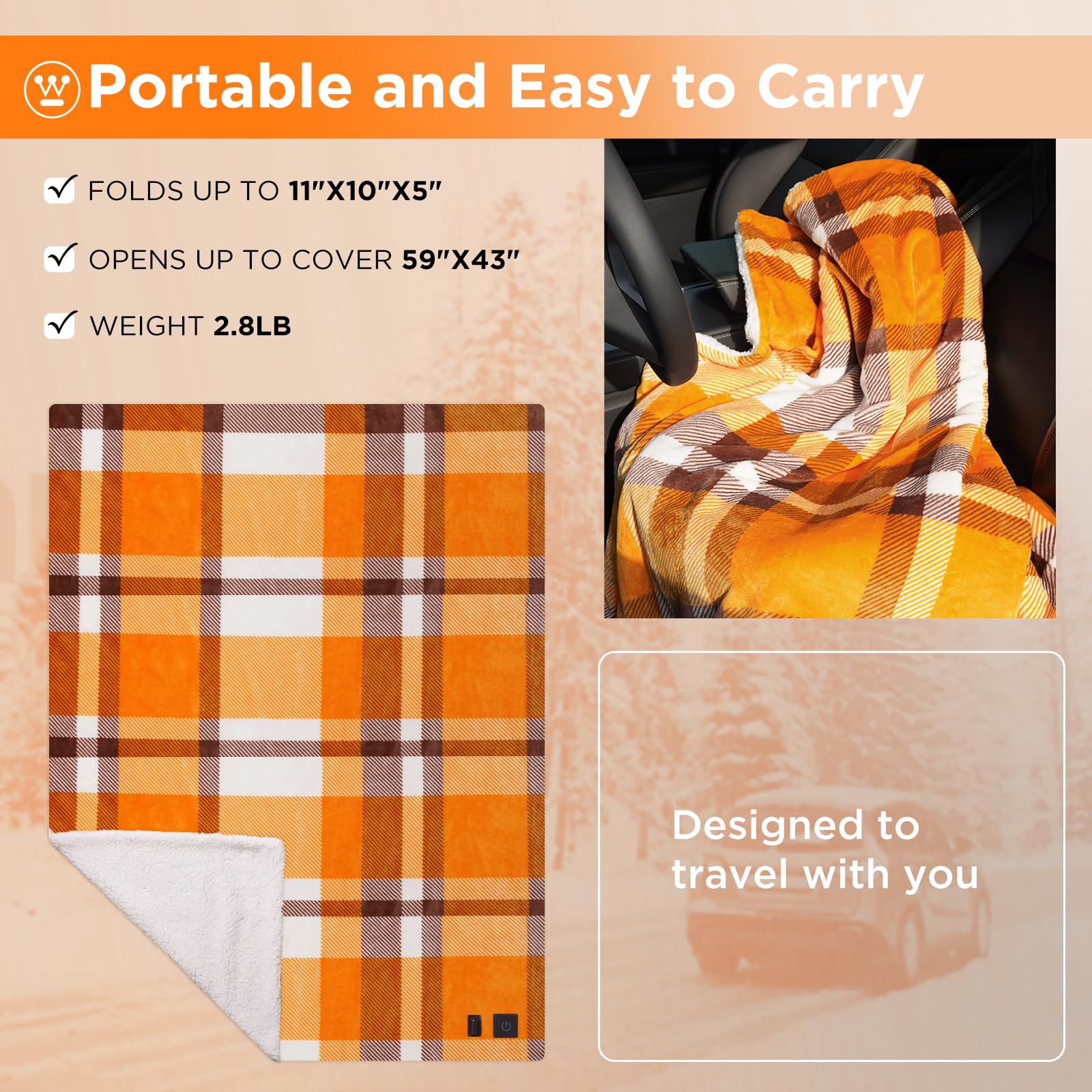 Westinghouse Heated Car Blanket, 12-Volt Electric Blanket for Car, Truck, SUV, RV, Portable Heated Throw for Camping, Orange Buf