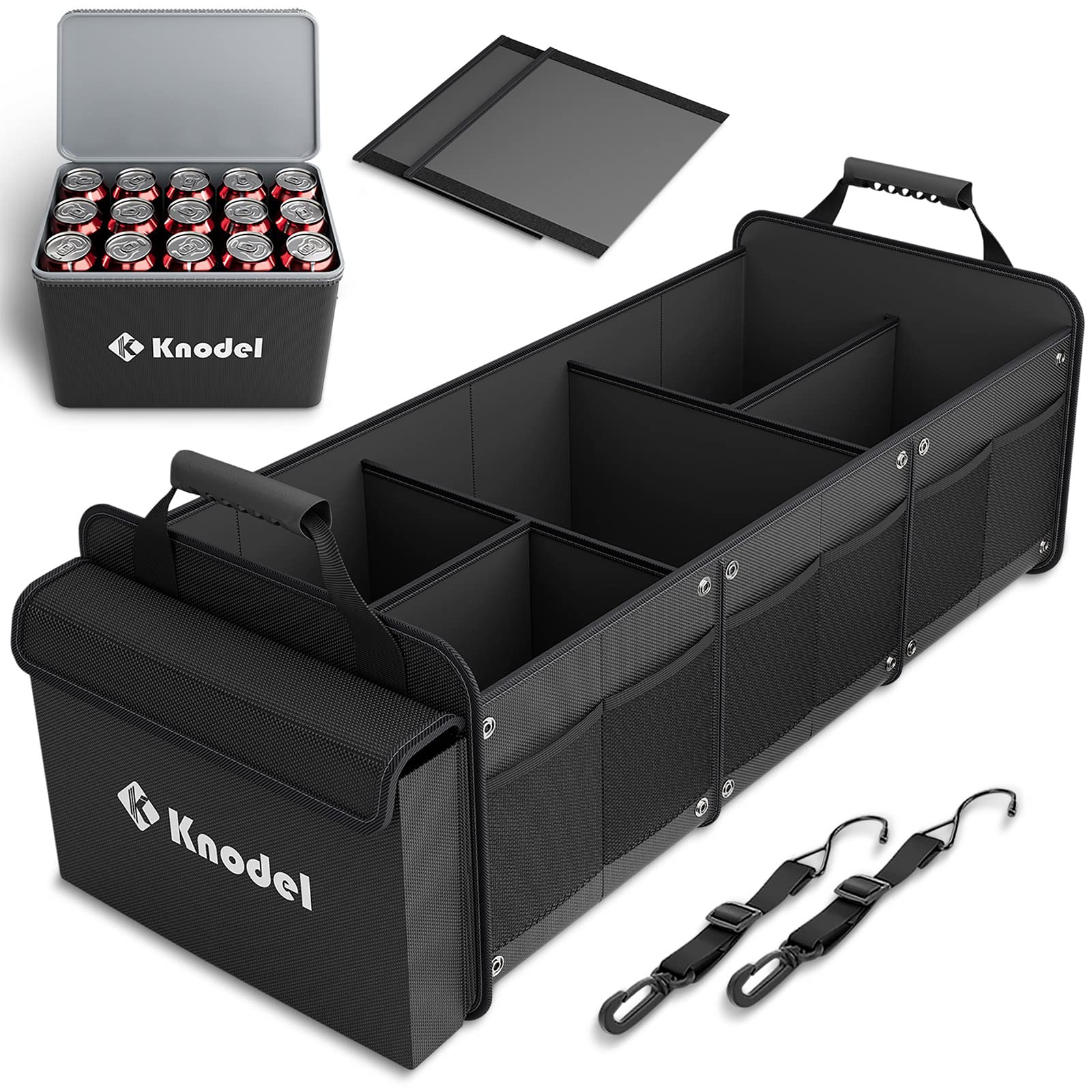 K Knodel Extra Large 3 Compartments Trunk Organizer Heavy Duty For Car, Suv With Cooler Bag, 2 Adjustable Securing Straps (4-In-1, Black)