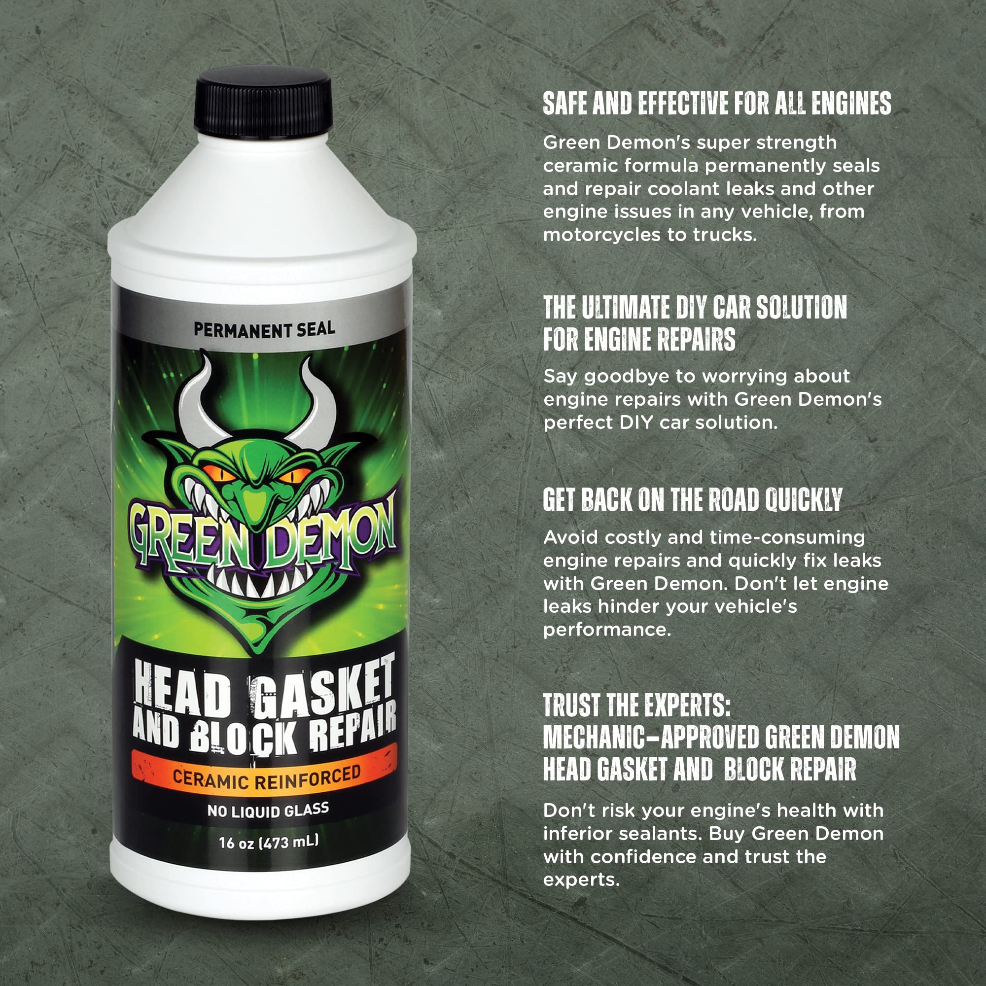 GREEN DEMON Head Gasket and Block Repair | Ceramic Reinforced Head Gasket Sealer | Advanced Coolant Leak DIY Permanent Repair |