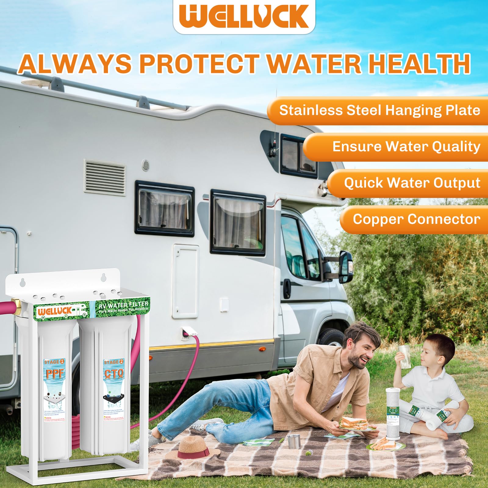 WELLUCK RV Dual Water Filter System - 2PC Kit with Mounting Bracket & Leak-Proof Brass Fittings for Camping & Marine Drinking Water