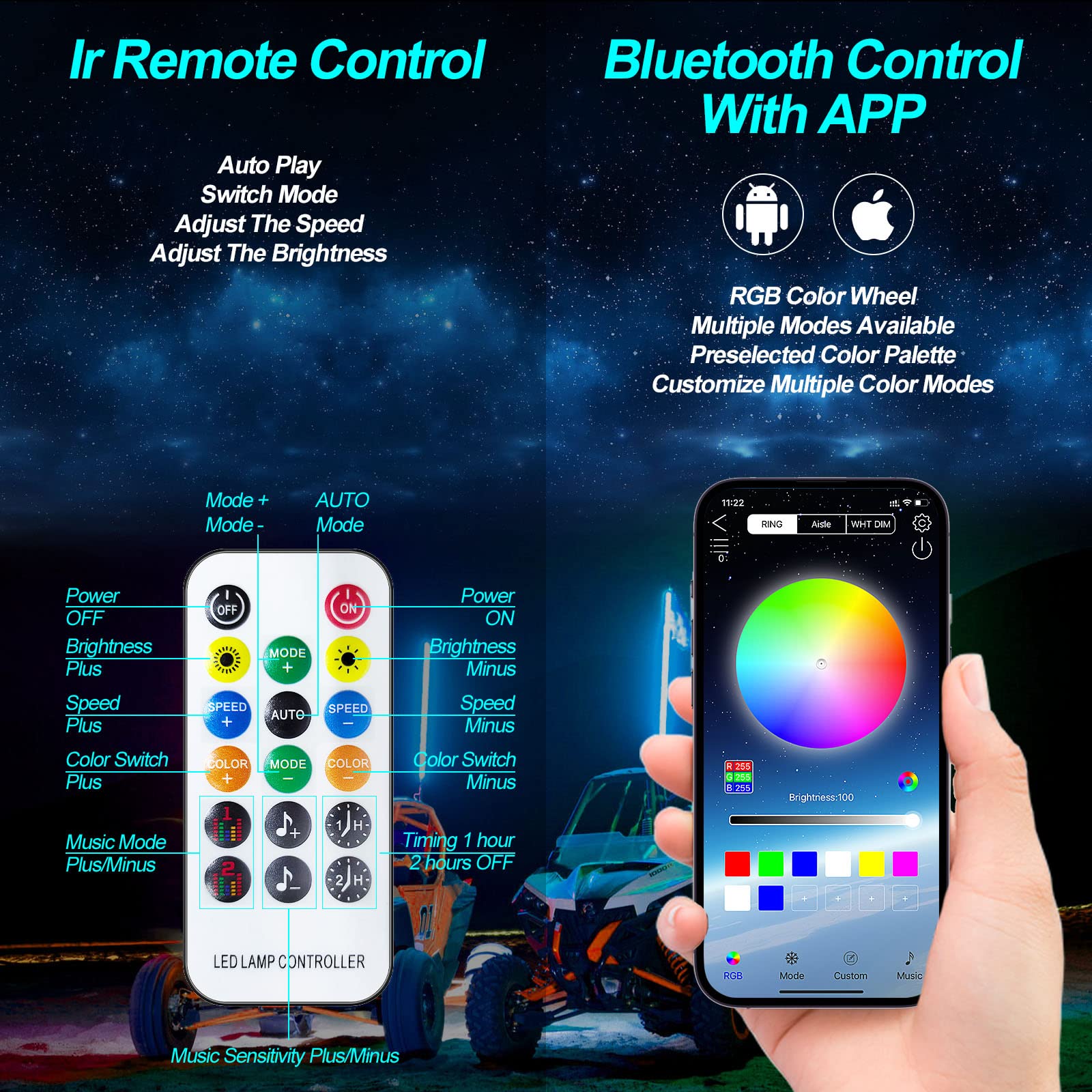 2PCS 3FT LED Whip Lights,RF Wireless Remote,500 Kinds Patterns 600 Kinds of Color Combinations,RGR Chasing Lighted Antenna Whips
