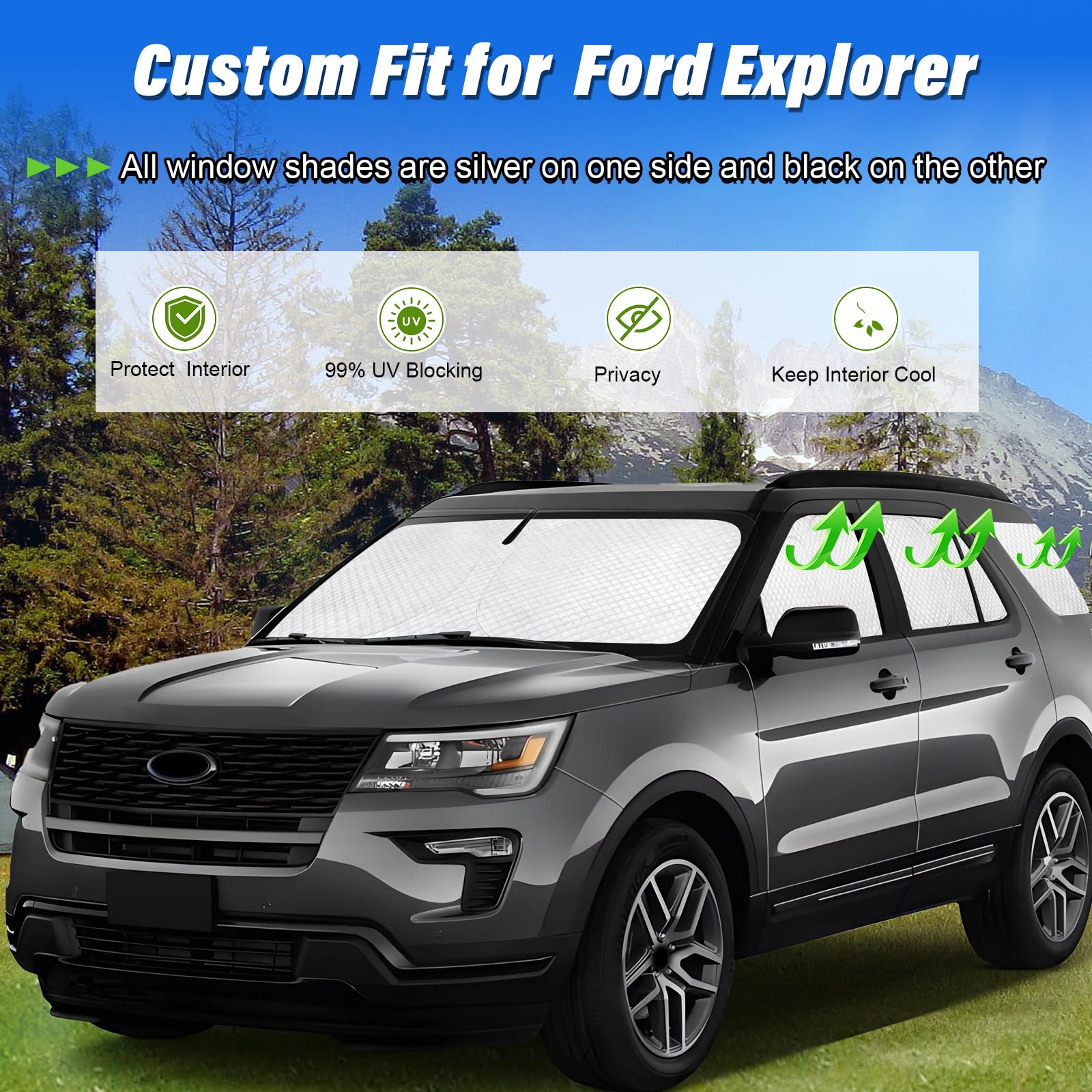 KMF Windshield Sun Shade for Ford Explorer 2011-2019, Black Aluminum Side & Rear Window UV Protection Cover