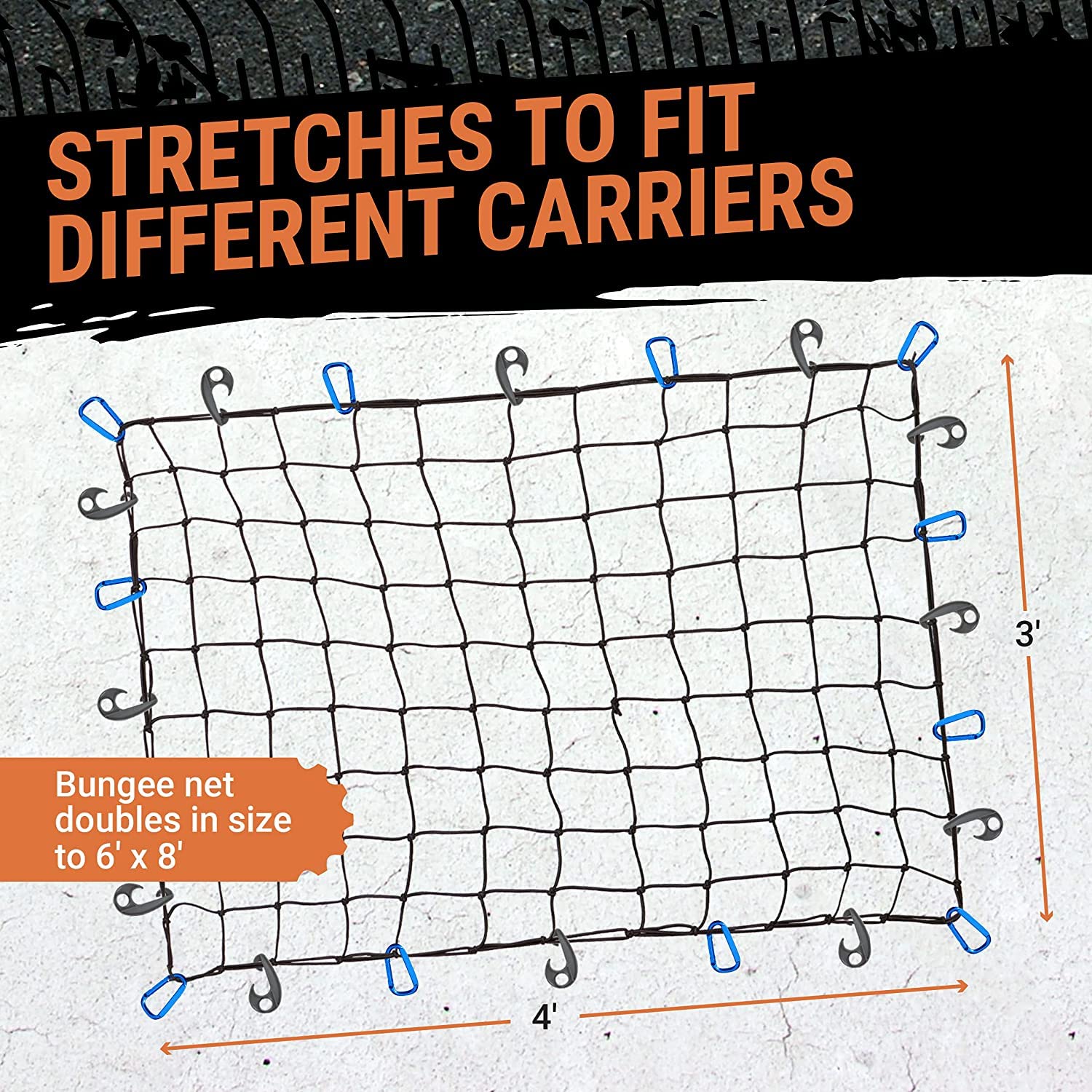Truck Bed Cargo Net - 3 X 4 Foot, Heavy-Duty Elastic Mesh With 12 Hooks And 12 Blue Clips And Storage Bag For Pickup For Cargo N