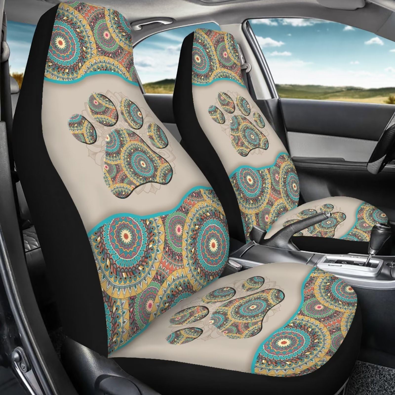 Bigcarjob Aztec Tribal Paw Car Seat Covers Front Seat Protector 2 Packs Set Of Vehicle Interior Seat Mat Cover Universal Fit Car