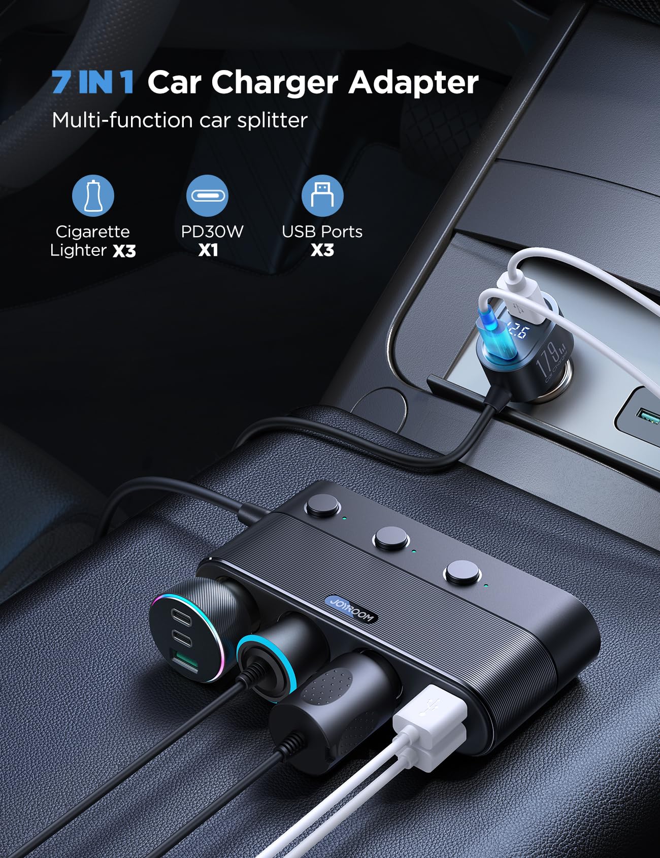7 in 1 Cigarette Lighter Splitter, JOYROOM 139W Car Charger Adapter with PD30W Charge(3.3FT Cable), 24V/ 12V Car Splitter Adapte