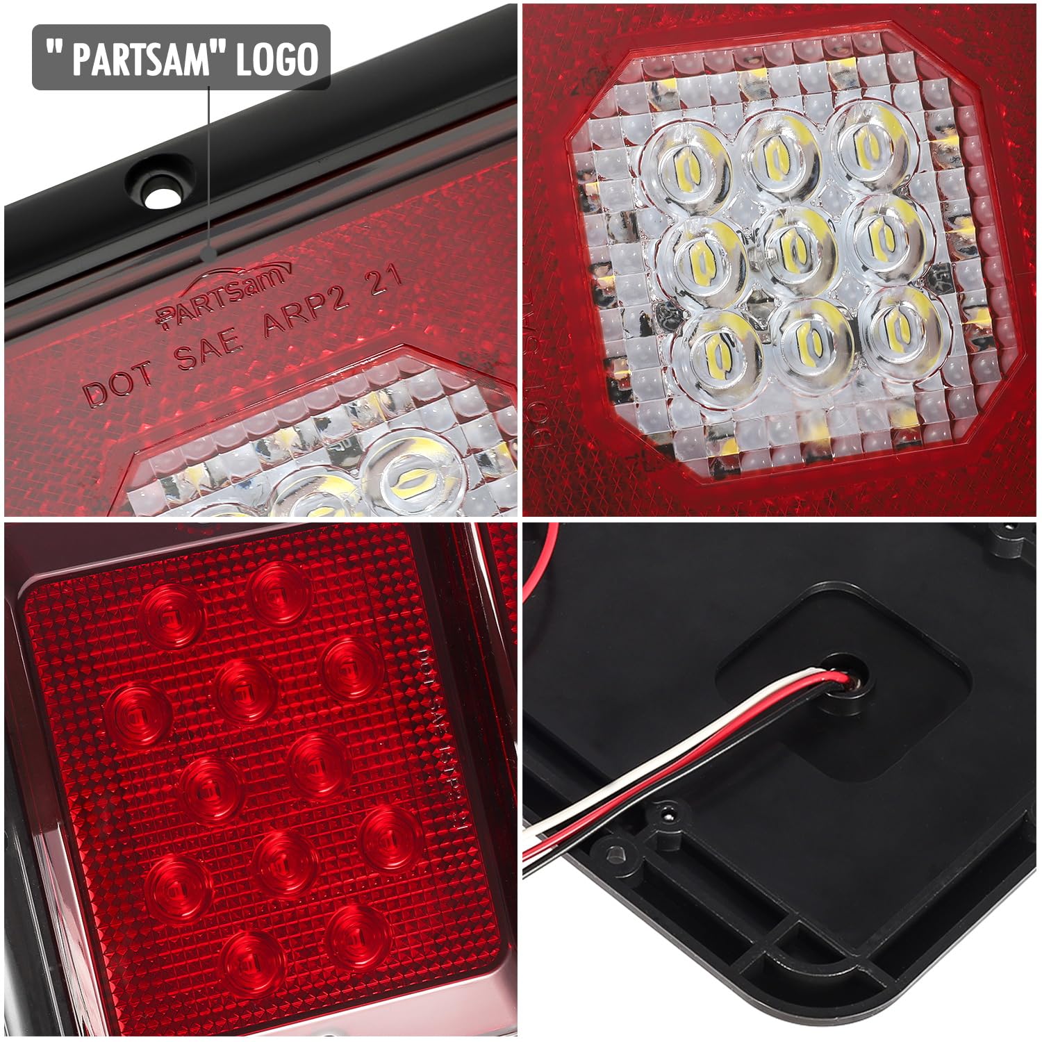 Partsam LED Triple Tail Lights - 45 LEDs, Rectangle, Black Base, Standard Size, Red/Clear Lens for Trailer, Camper, RV