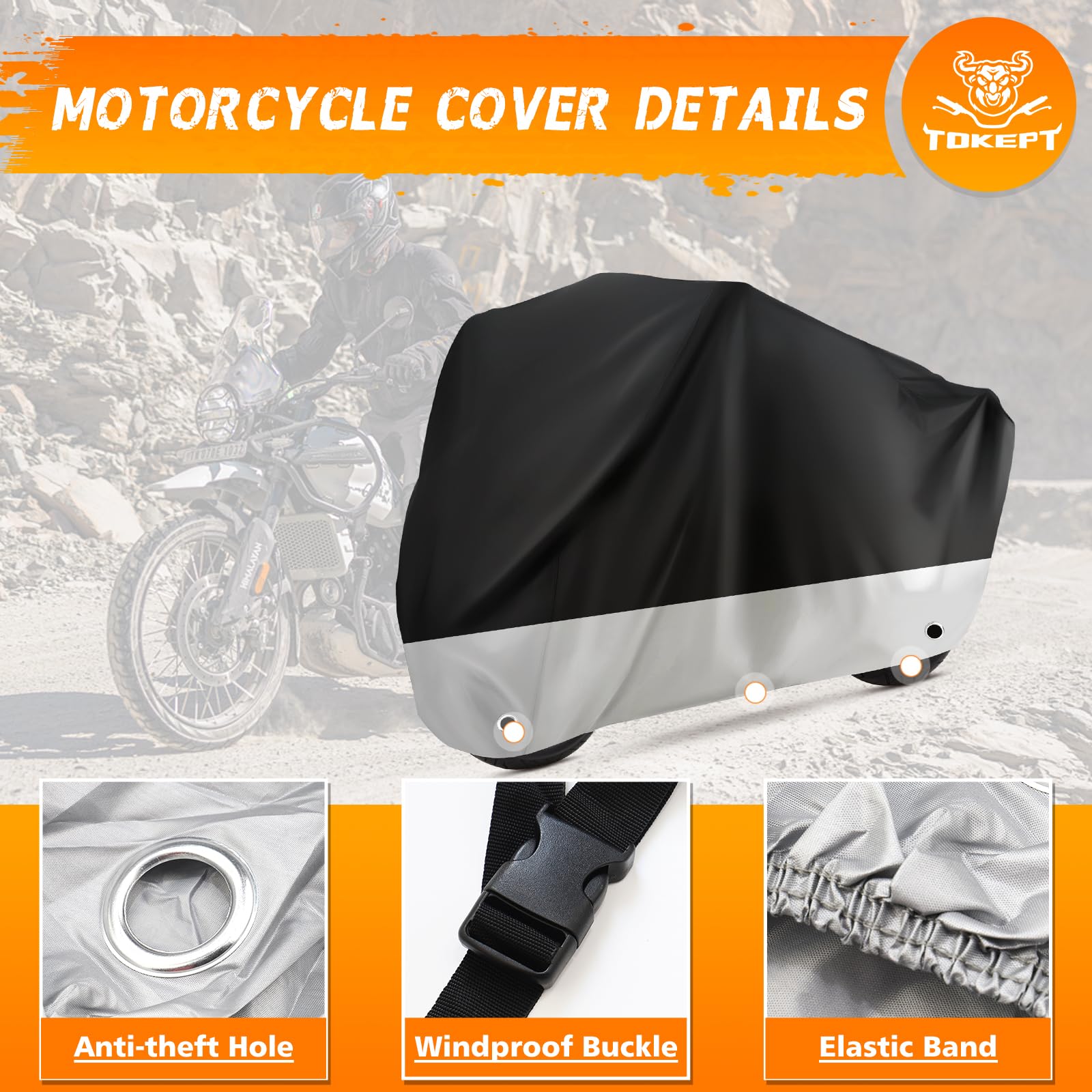 Tokept Motorcycle Cover Waterproof Outdoor Protection with Lock-Holes & Storage Bag Fits up to 96 Motorcycles Vehicle Cover fo